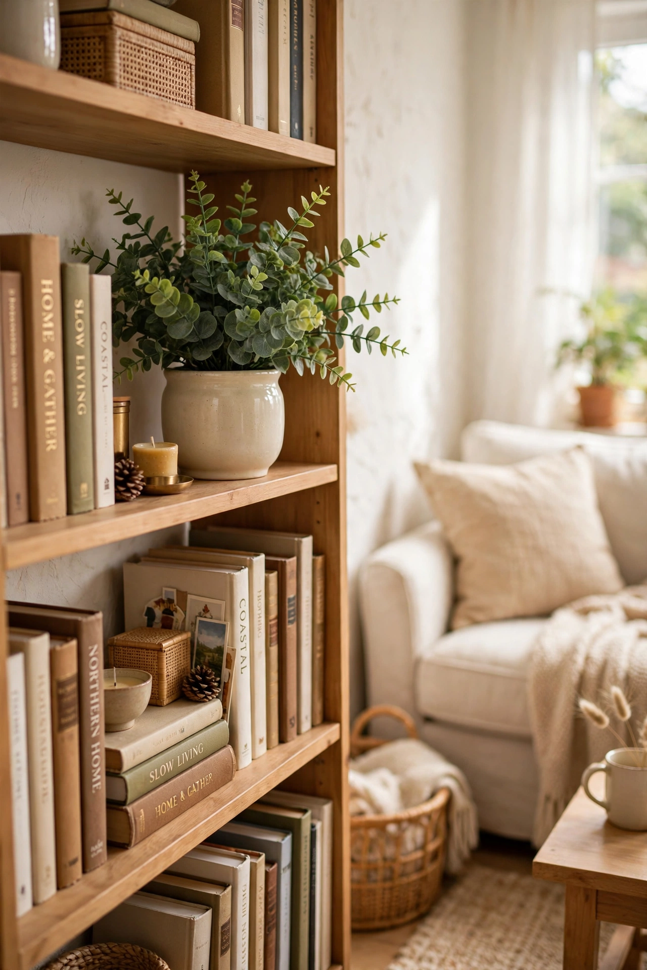 Faux green plant in a ceramic pot on a bookshelf