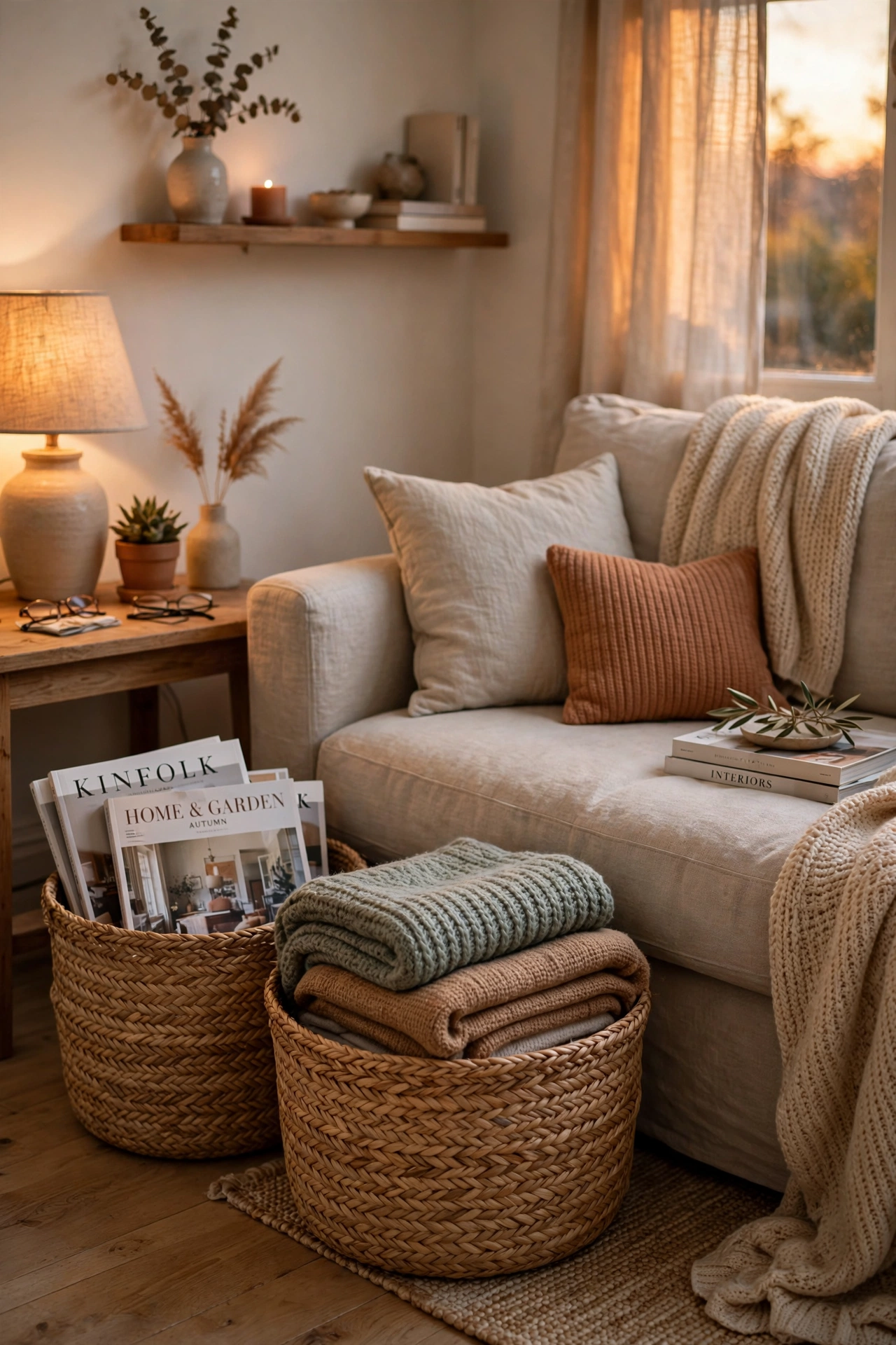 Woven storage baskets beside a sofa holding throws