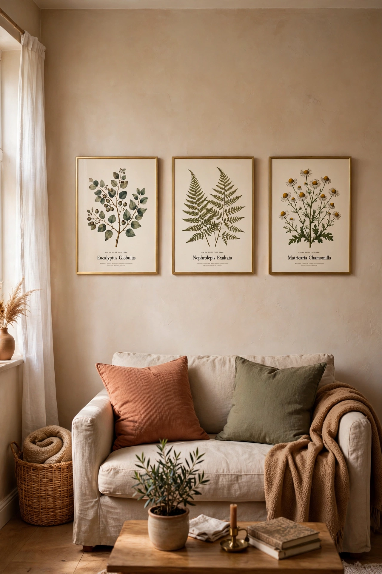 Three framed botanical art prints above a sofa