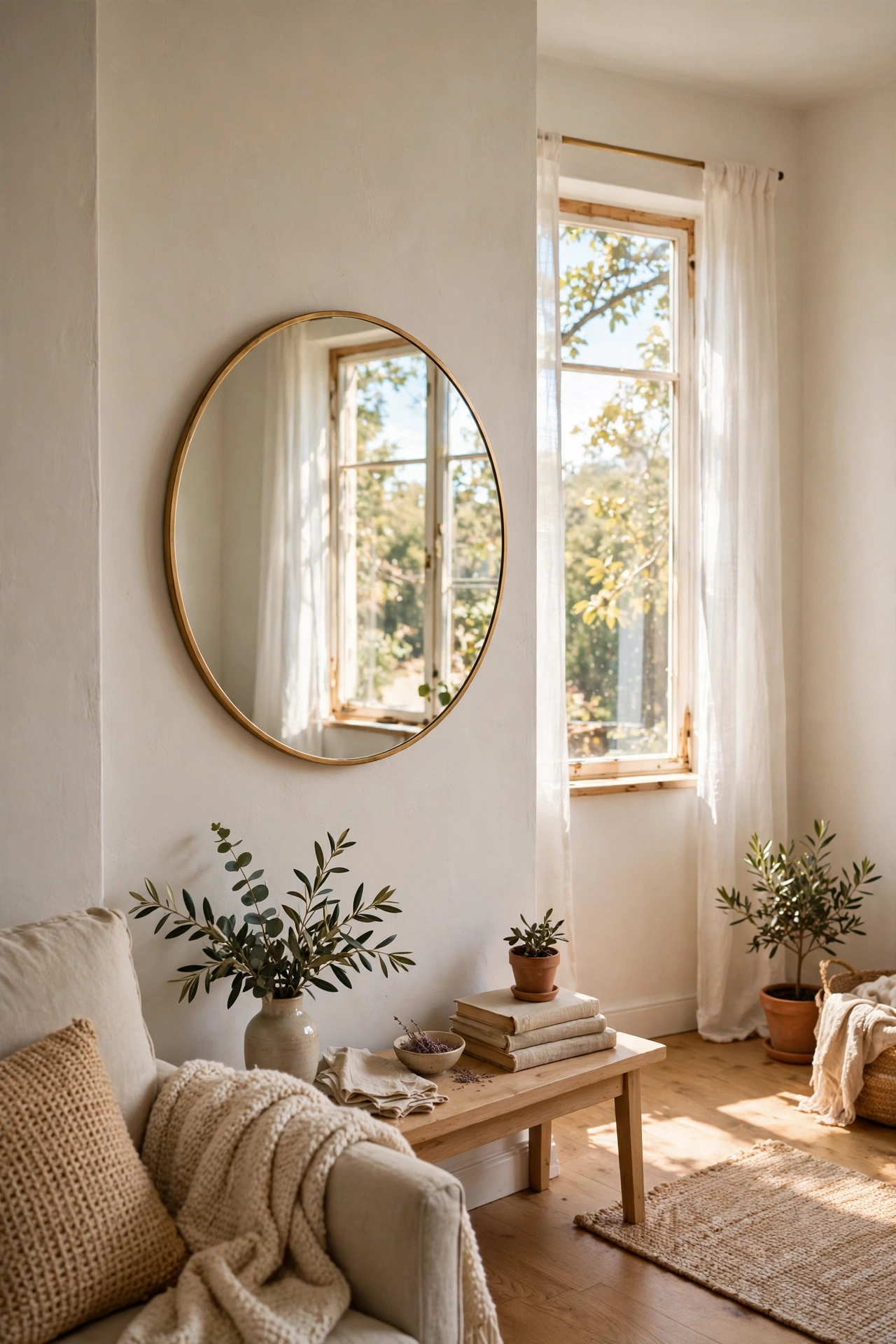 Round wall mirror opposite a window brightening a small room
