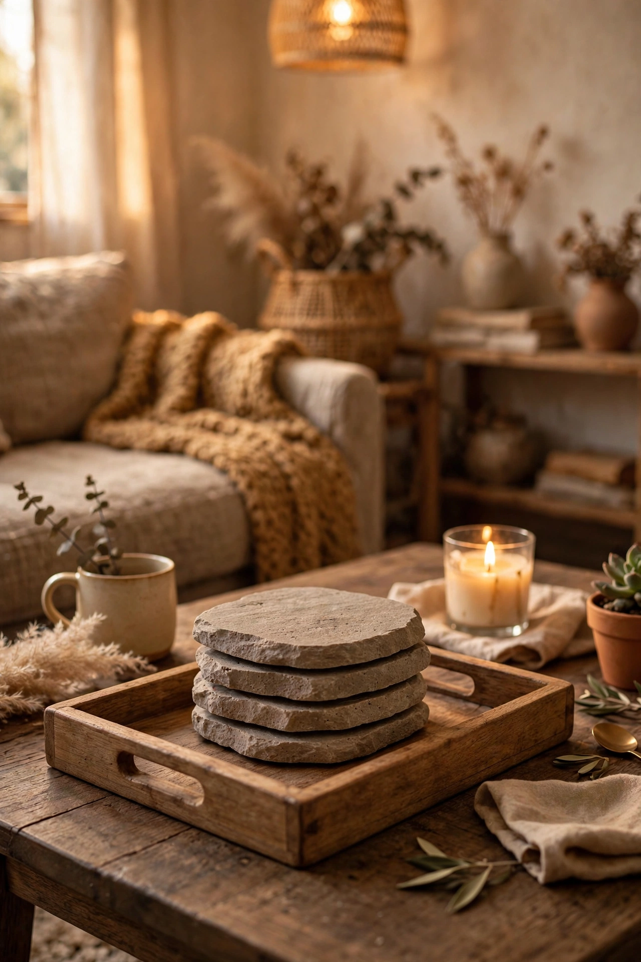 Stone-look coaster set stacked on a coffee table tray