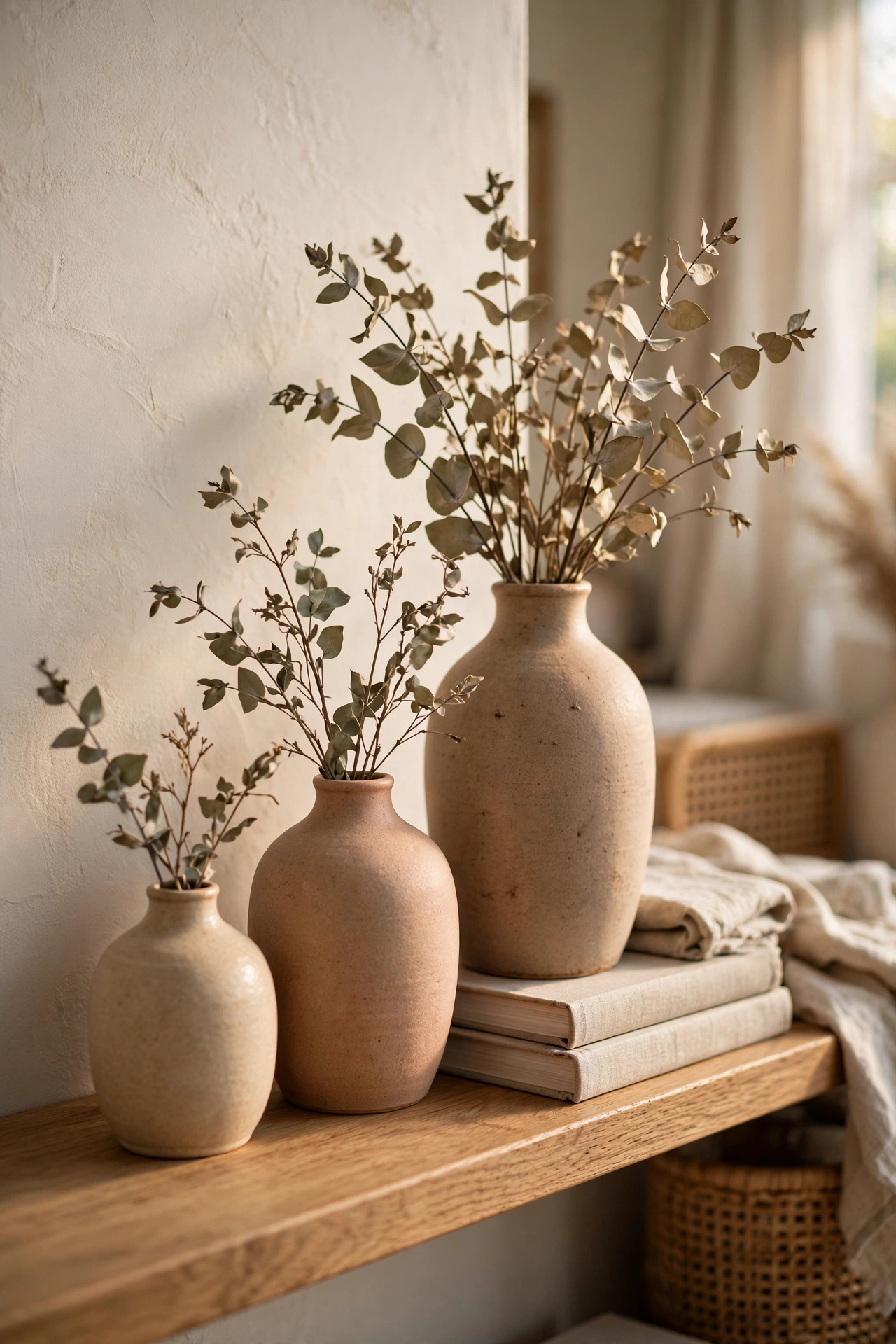 Trio of small ceramic vases with dried eucalyptus on a shelf