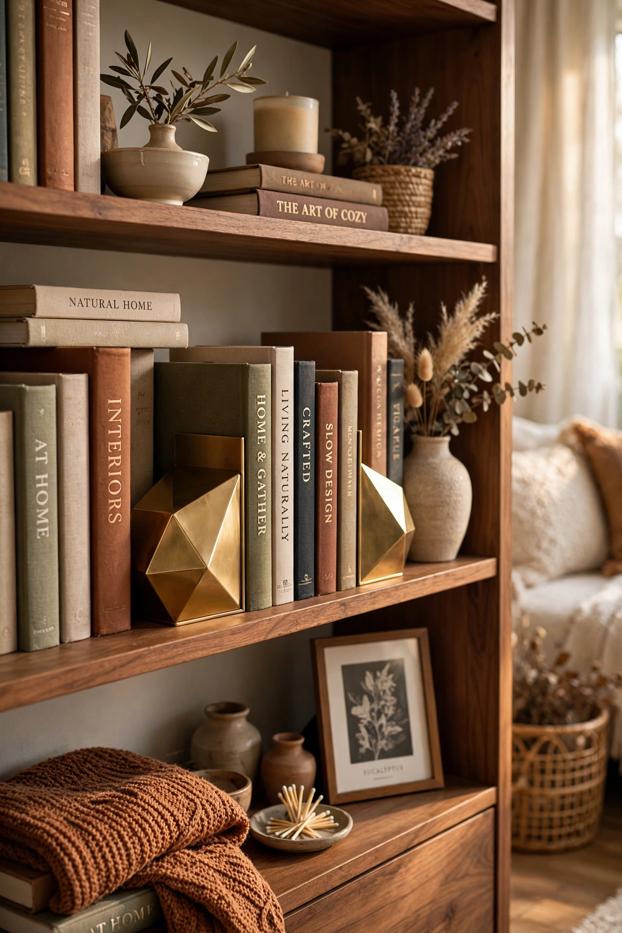Decorative bookends styling a bookshelf