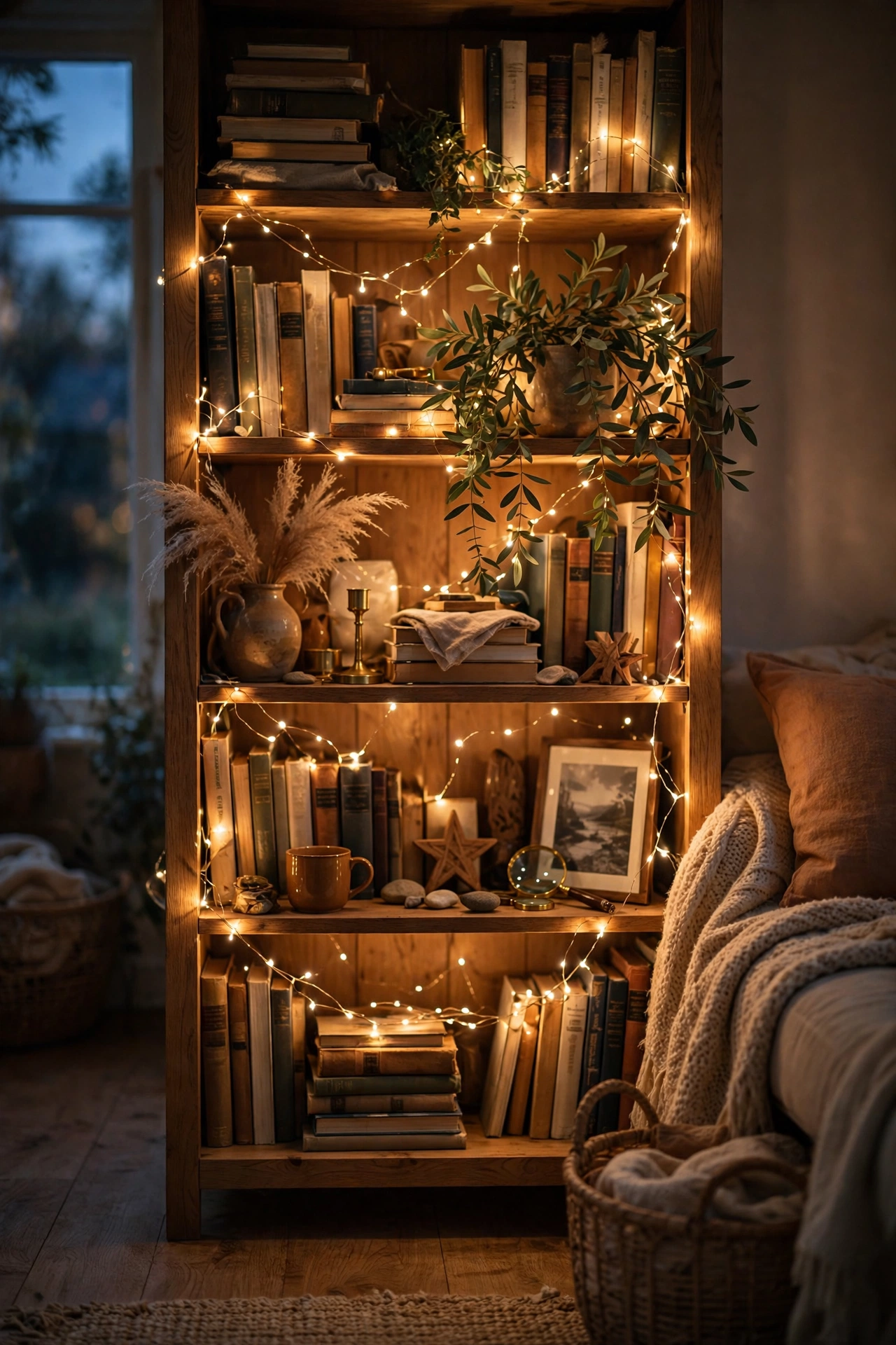 Warm fairy lights woven through a bookshelf in the evening