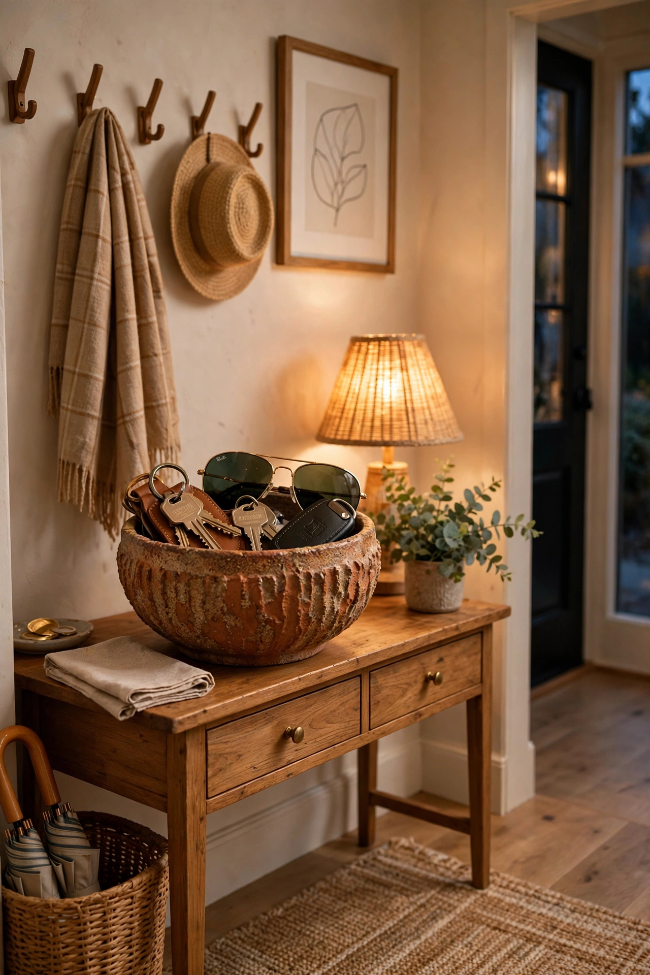 Decorative bowl catching keys on an entry console