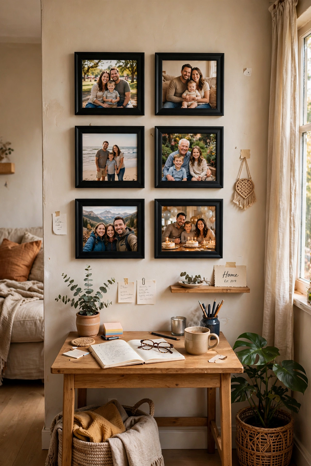 Grid of six matching photo frames above a desk area