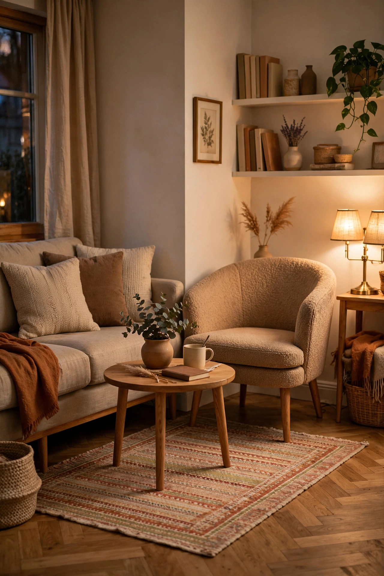 Low-profile rug anchoring a small seating area