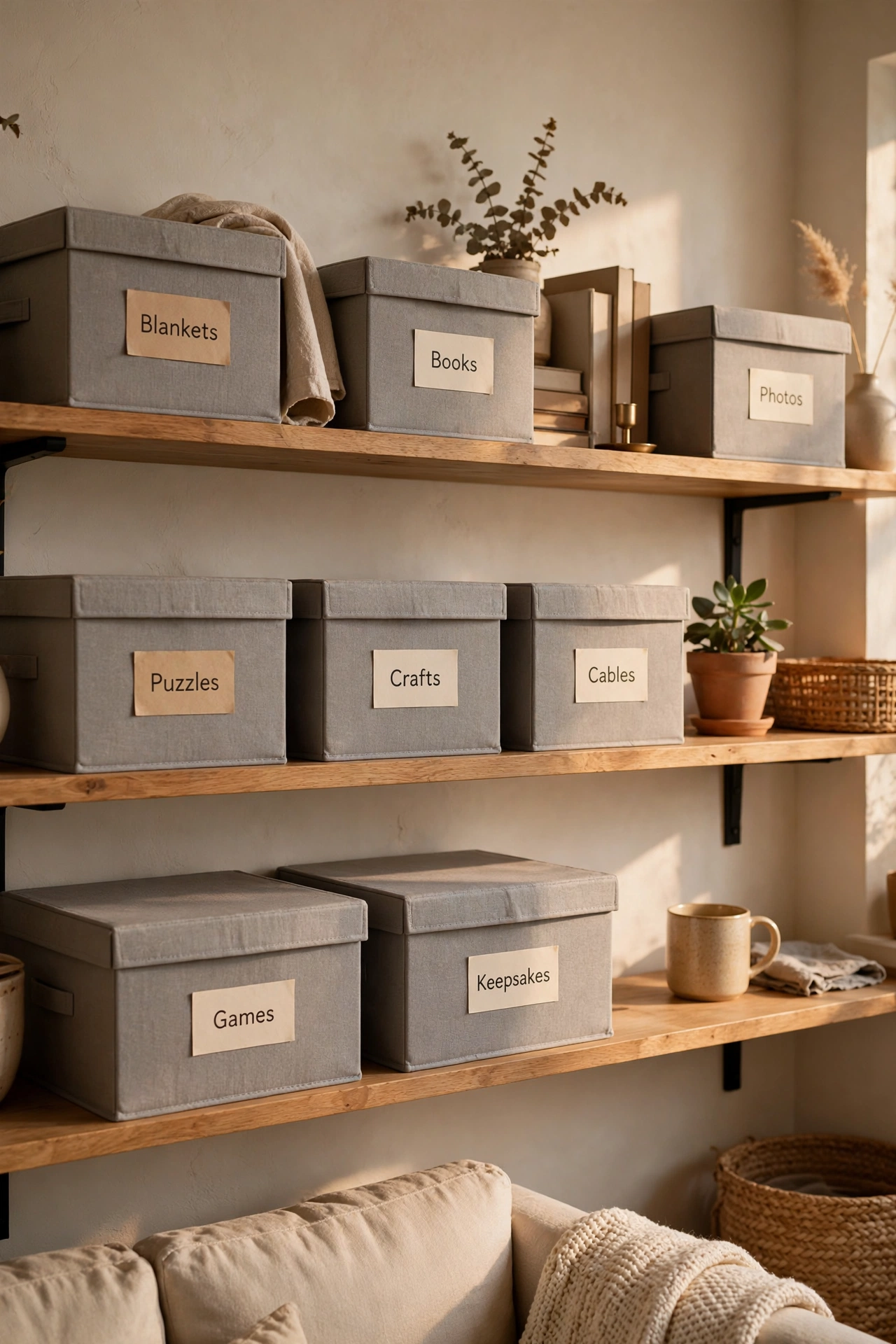 Matching lidded storage boxes on open living room shelves