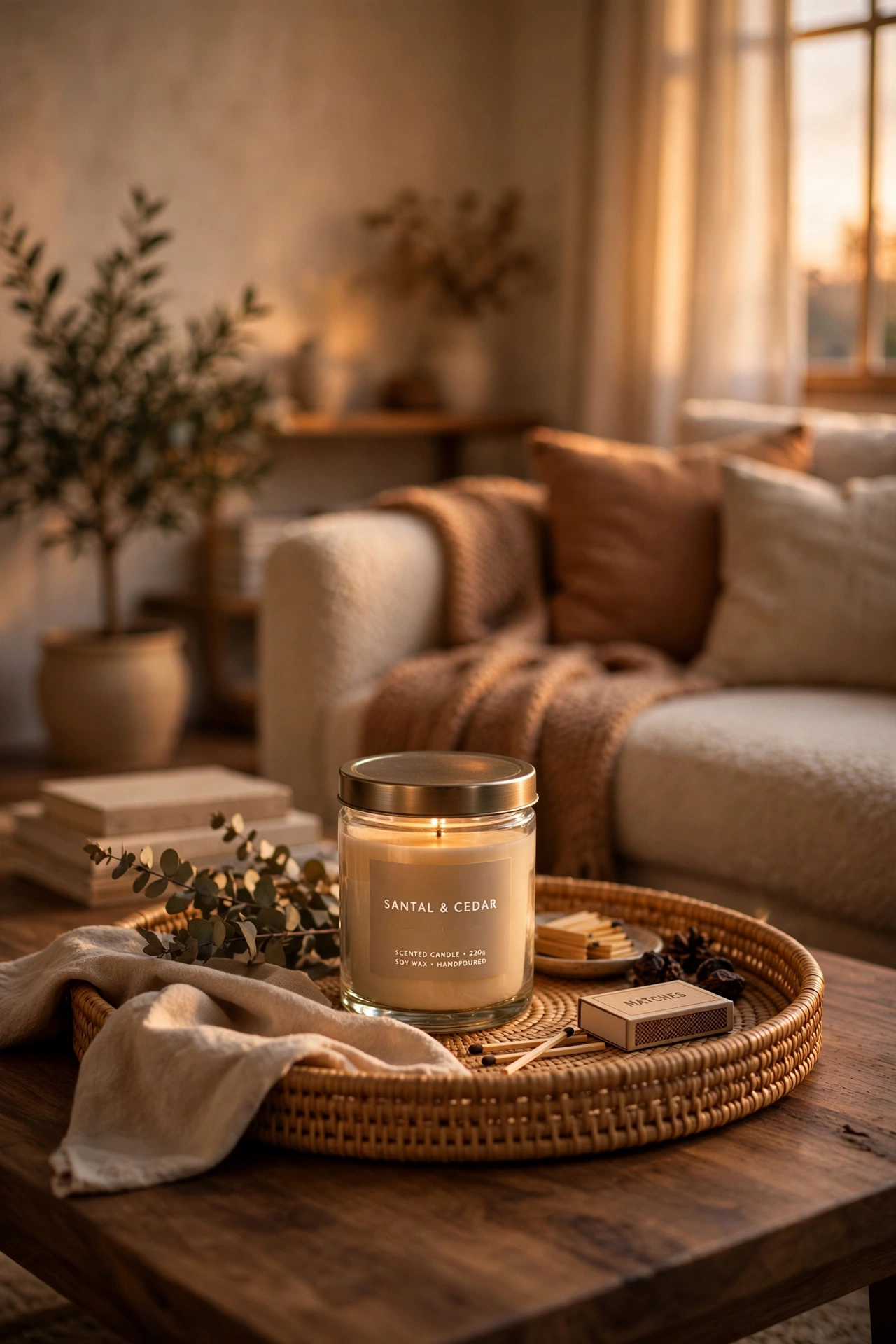 Scented candle in a lidded glass jar on a coffee table