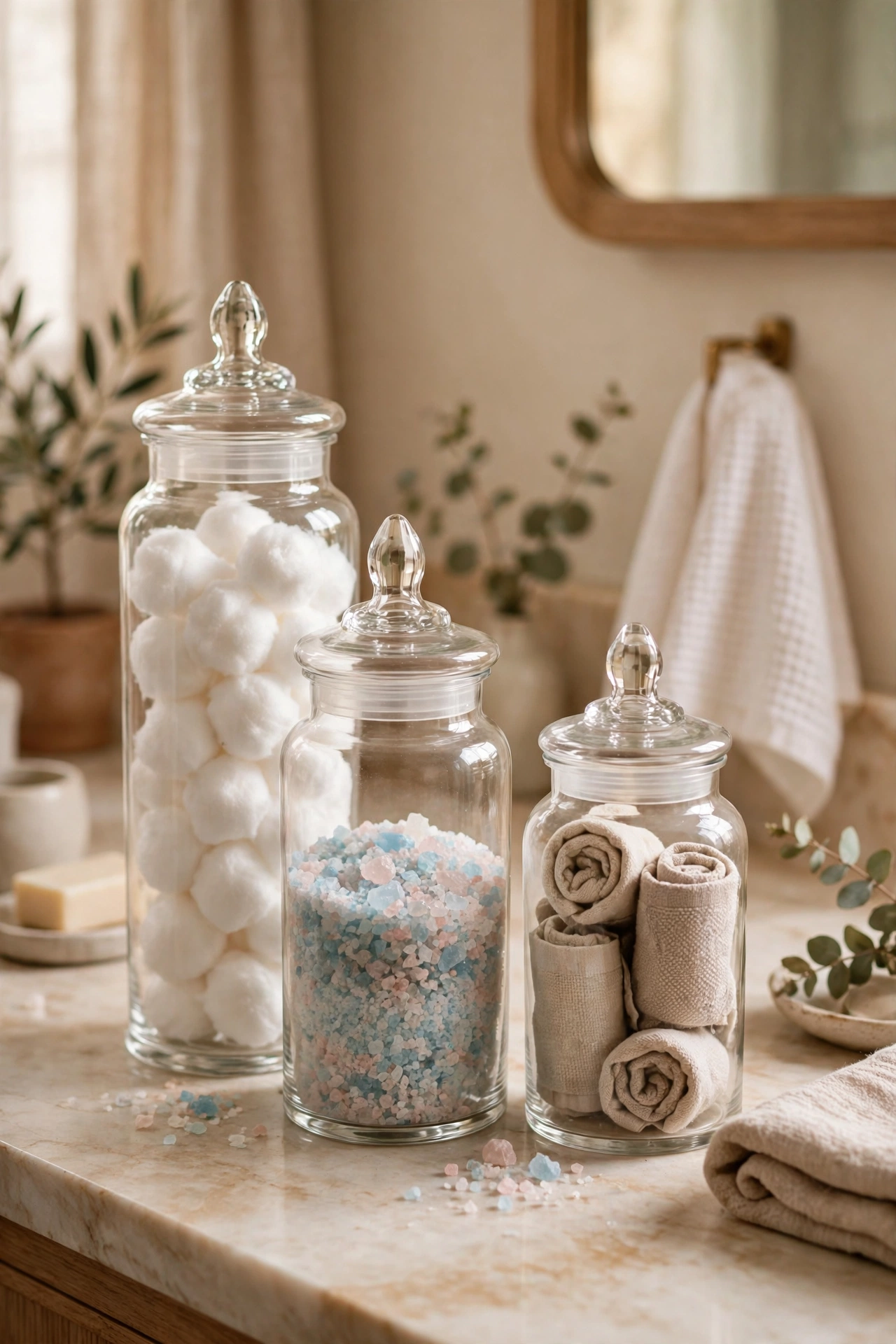Glass apothecary jars with cotton balls and bath salts on a bathroom counter