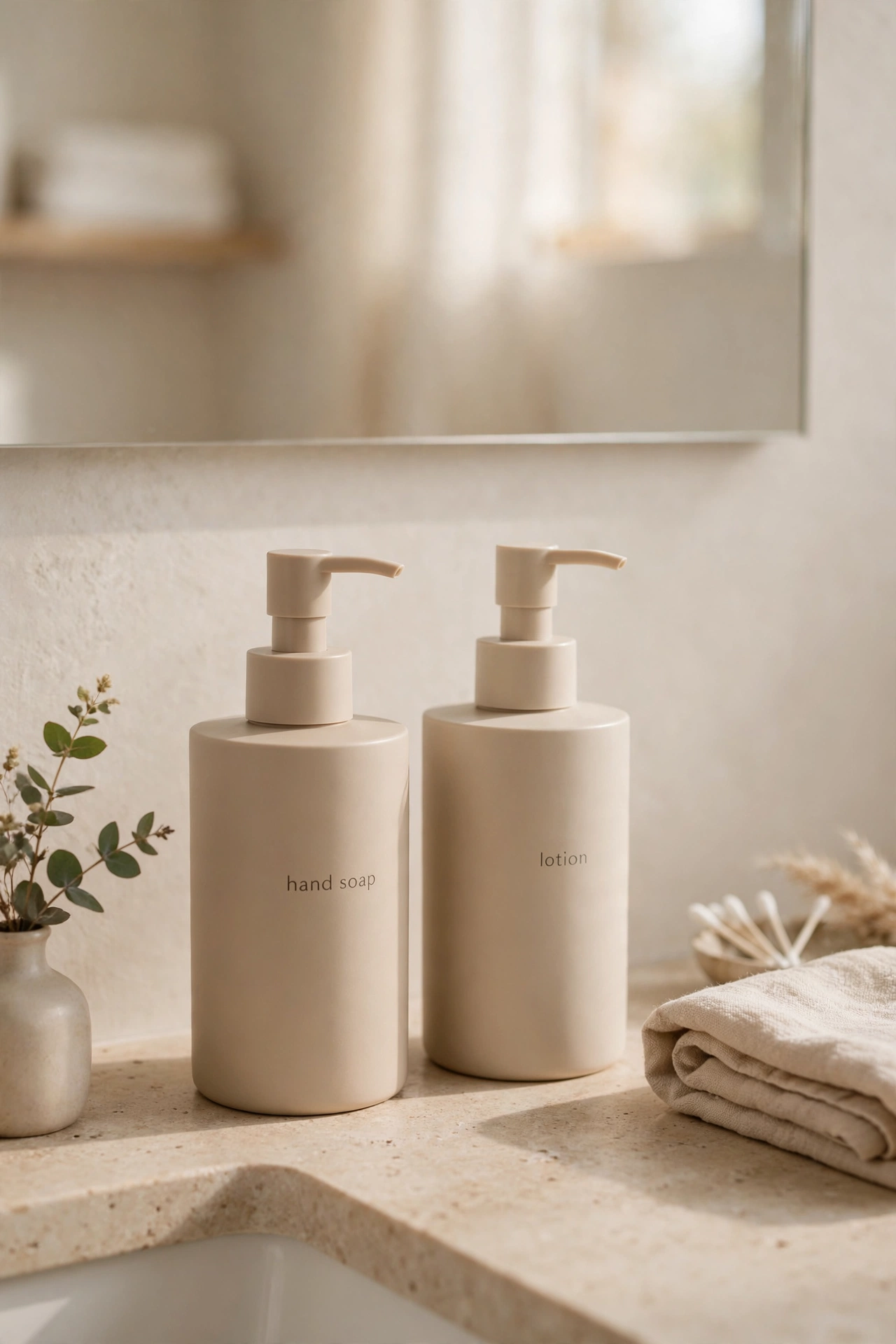 Matching neutral pump dispensers for soap and lotion