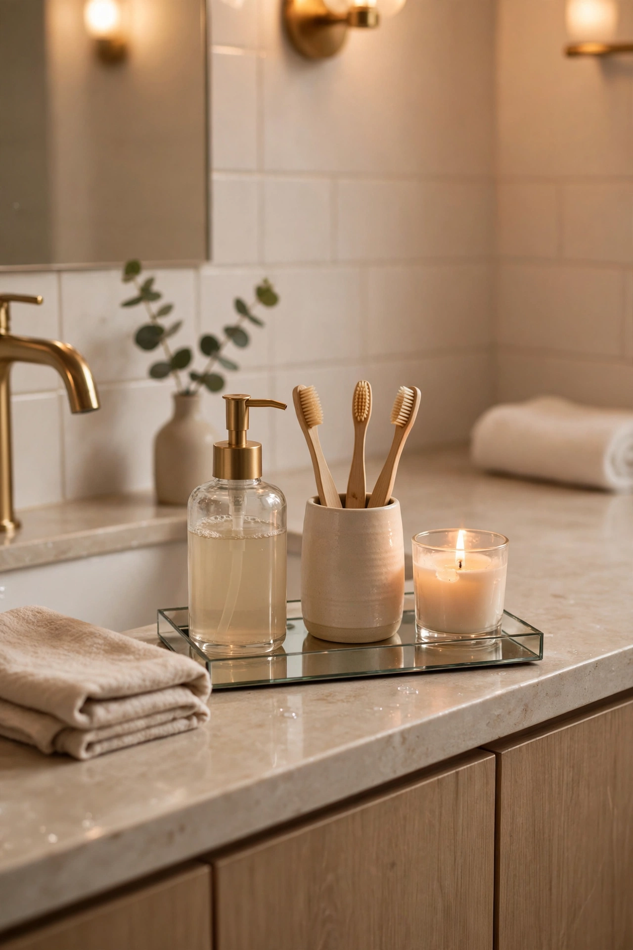 Mirrored vanity tray organising toiletries on a bathroom counter