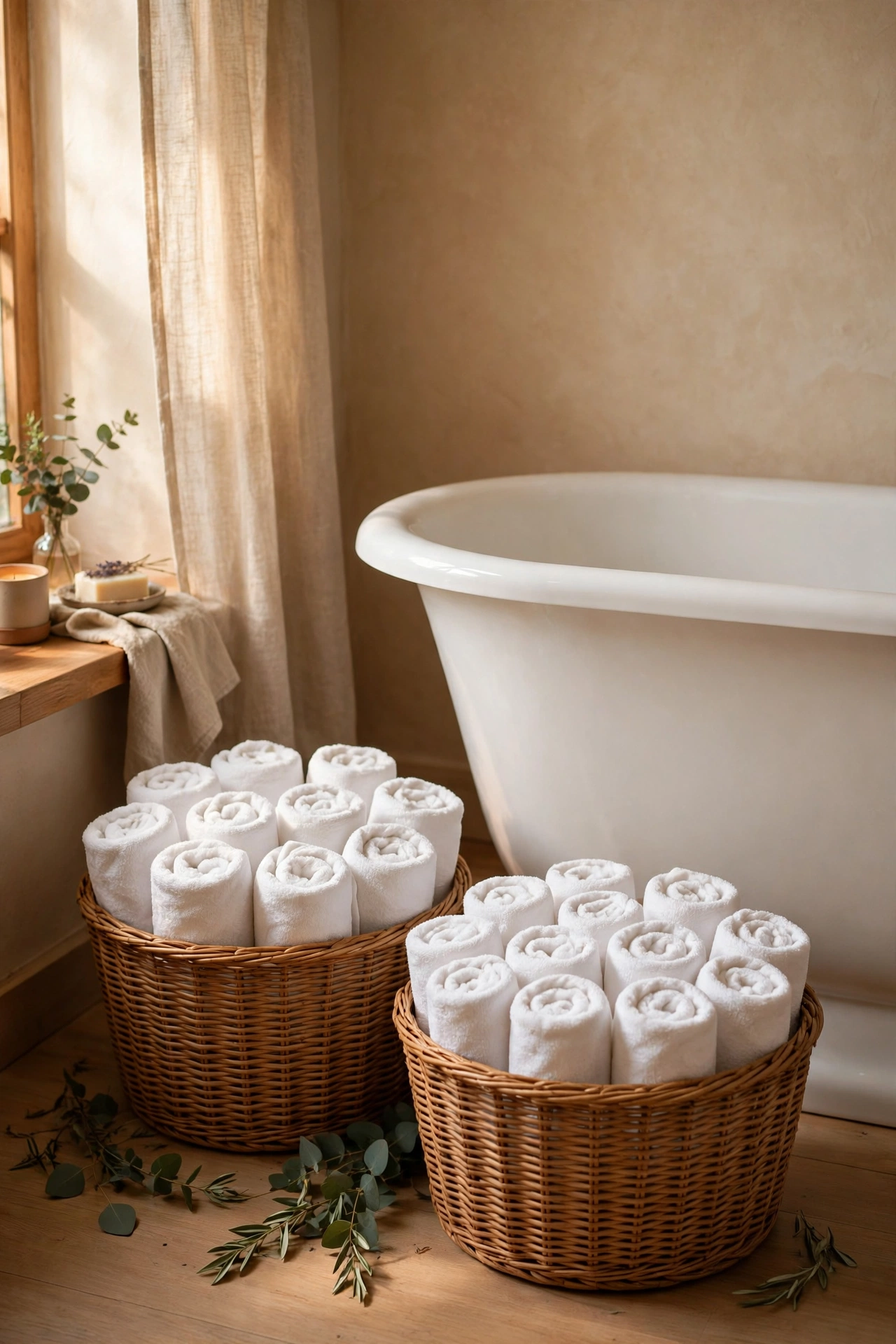 Rolled white towels in woven baskets beside a bath