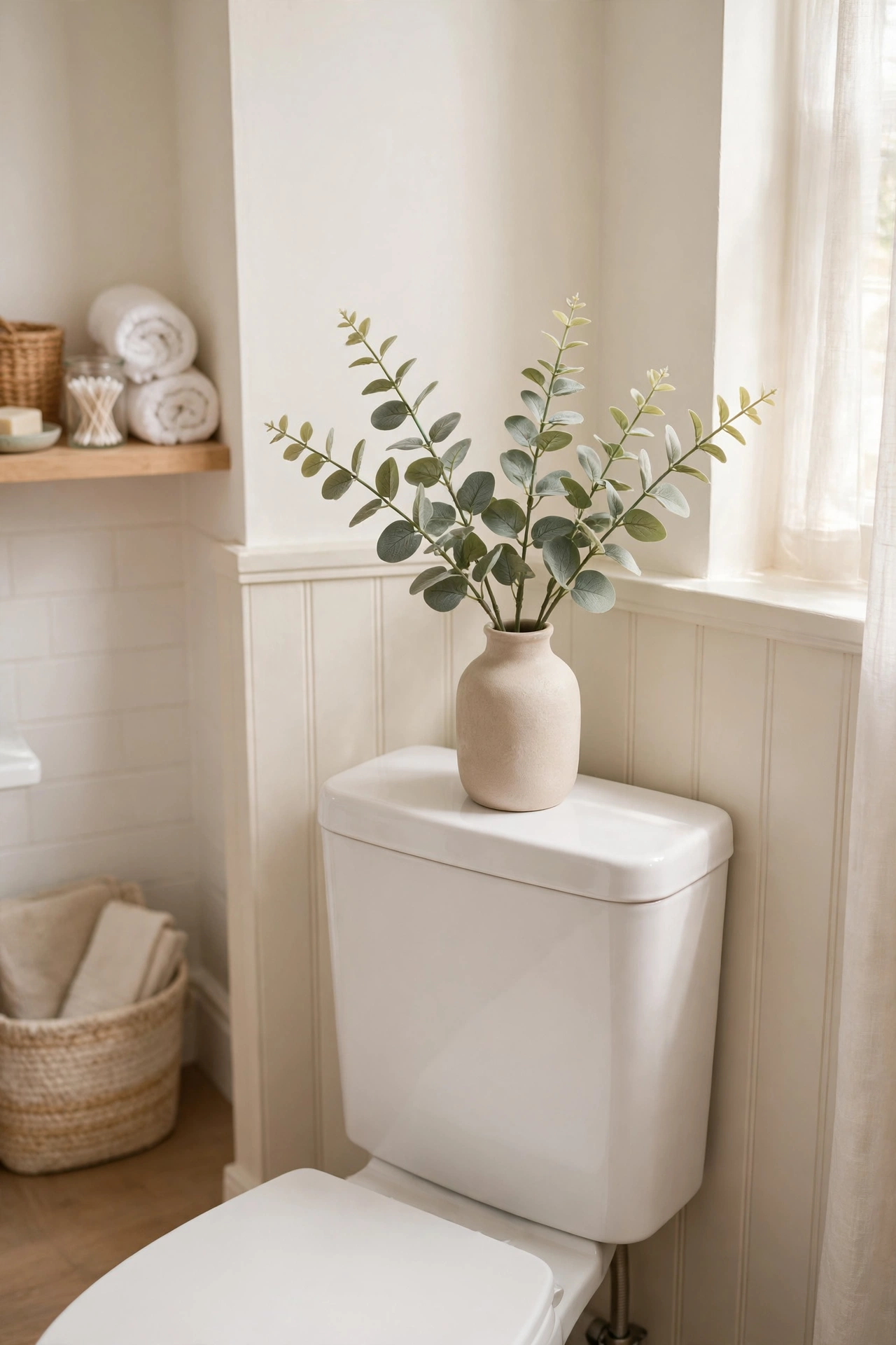 Faux eucalyptus stems in a vase on a bathroom cistern