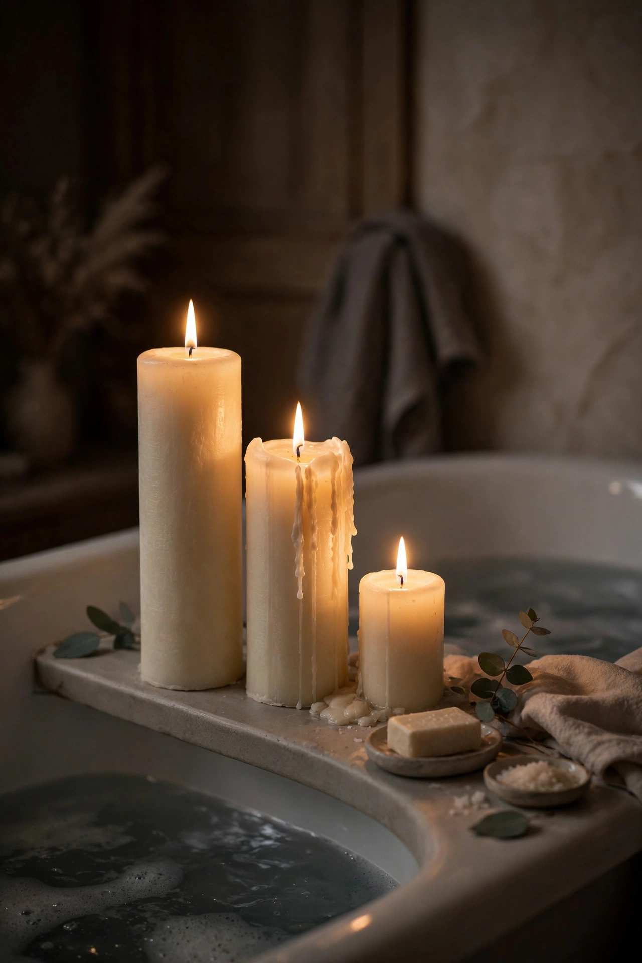 Three pillar candles of different heights beside a bath