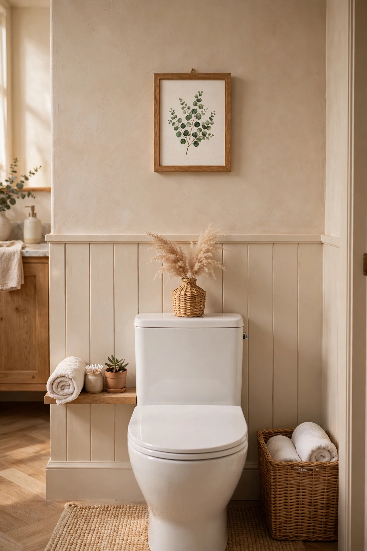 Small framed botanical print hung above a toilet