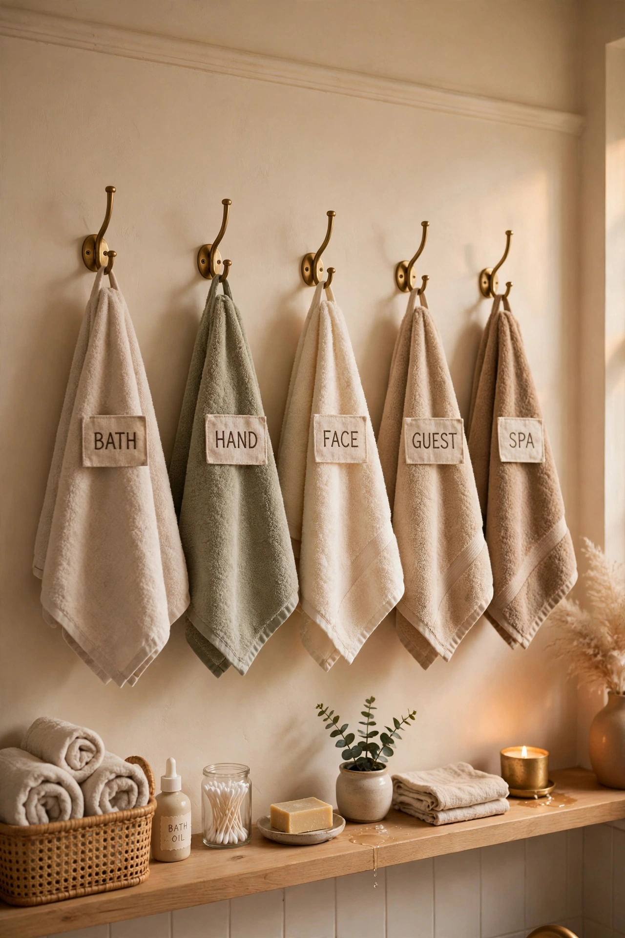 Matching towel hooks with labelled towels on a bathroom wall