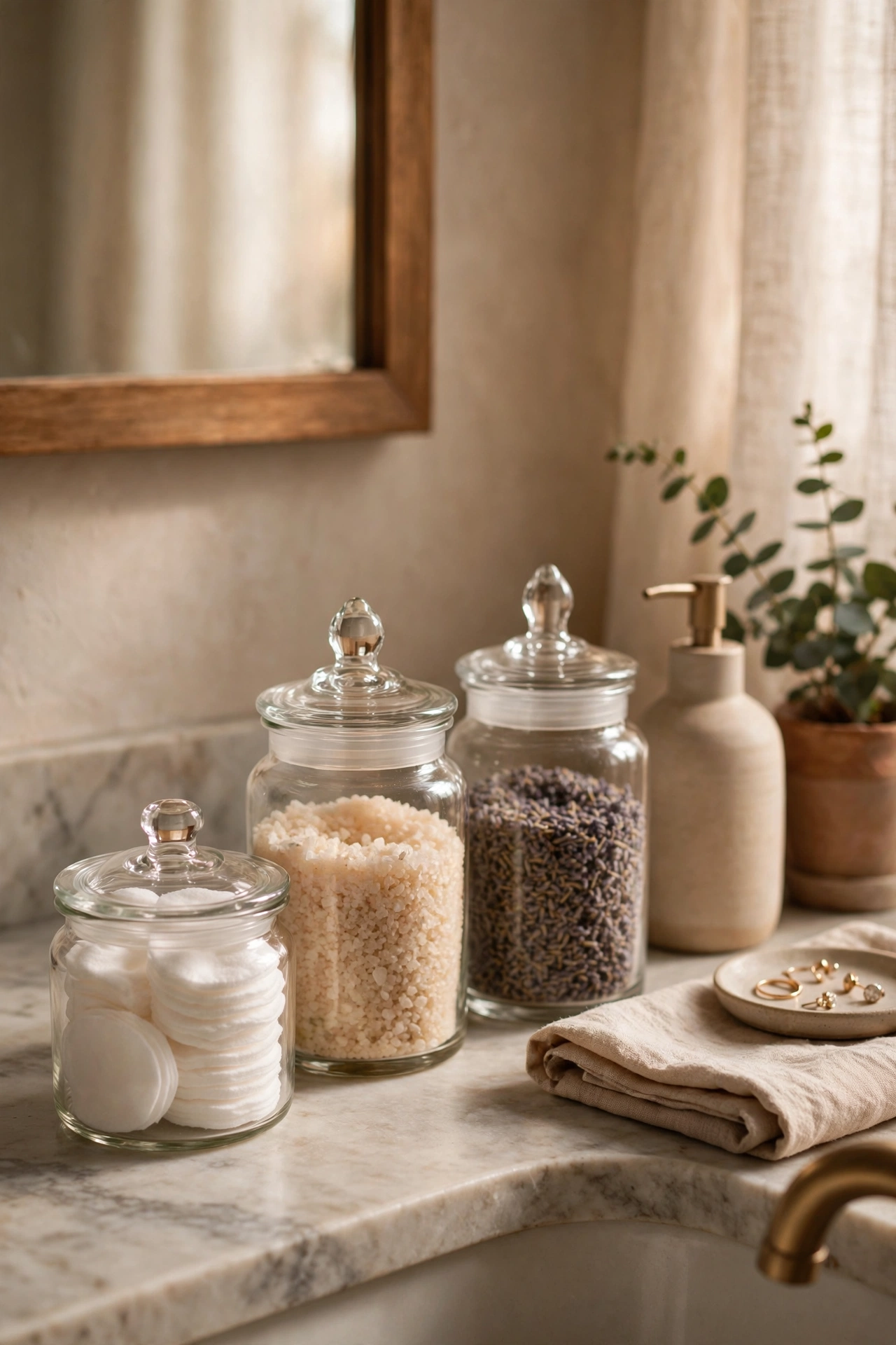 Small lidded jar of cotton pads on a bathroom counter