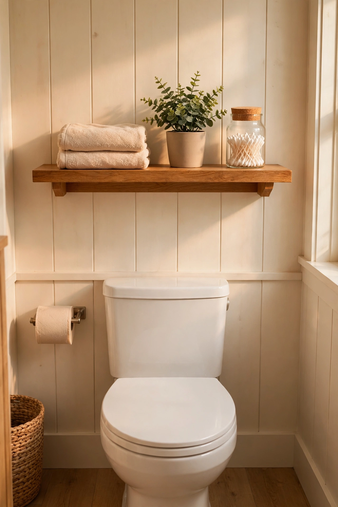 Floating shelf above a toilet styled with towel plant and jar