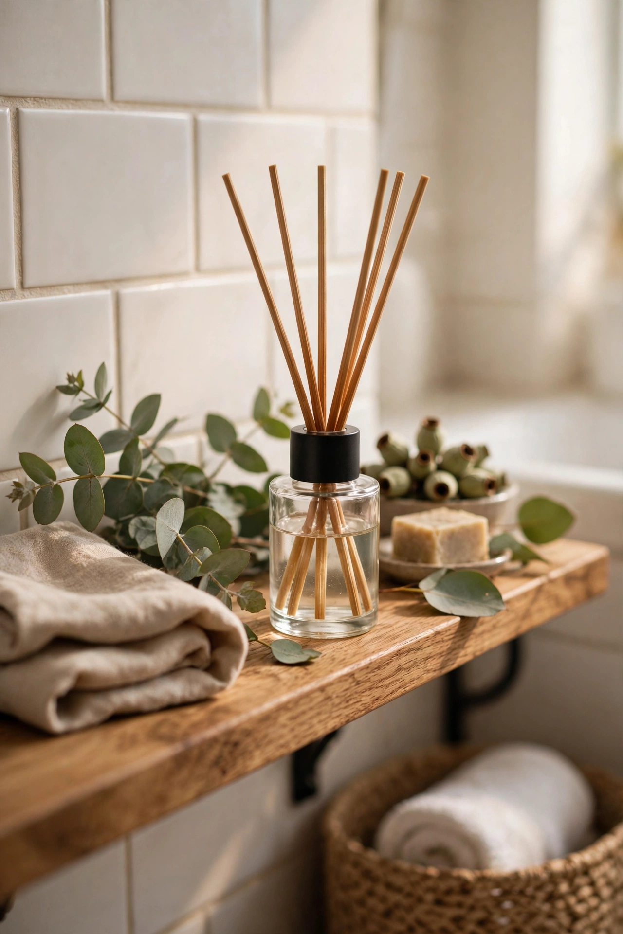 Homemade reed diffuser with bamboo skewers in a bathroom