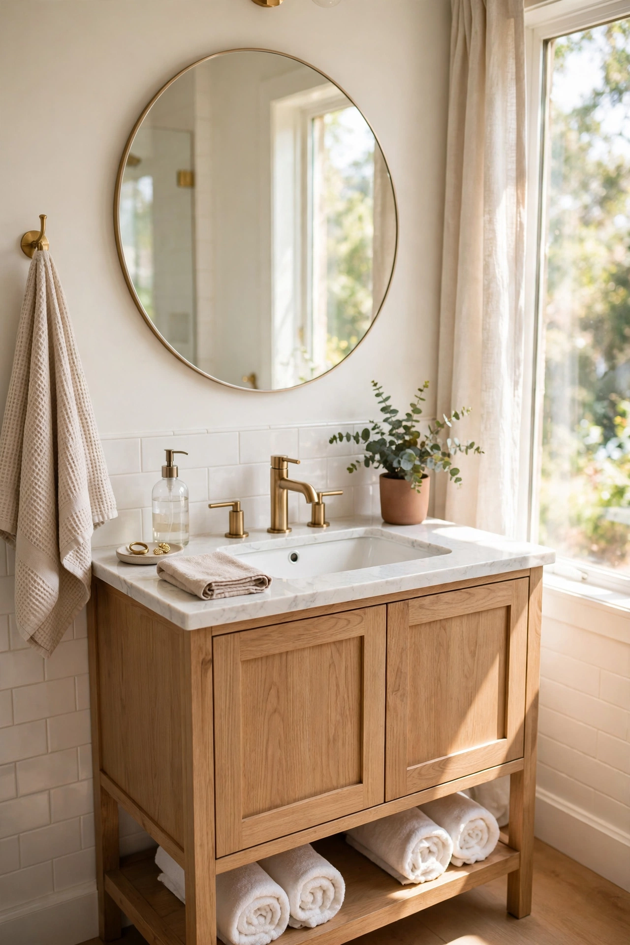 Round framed mirror above a bathroom vanity