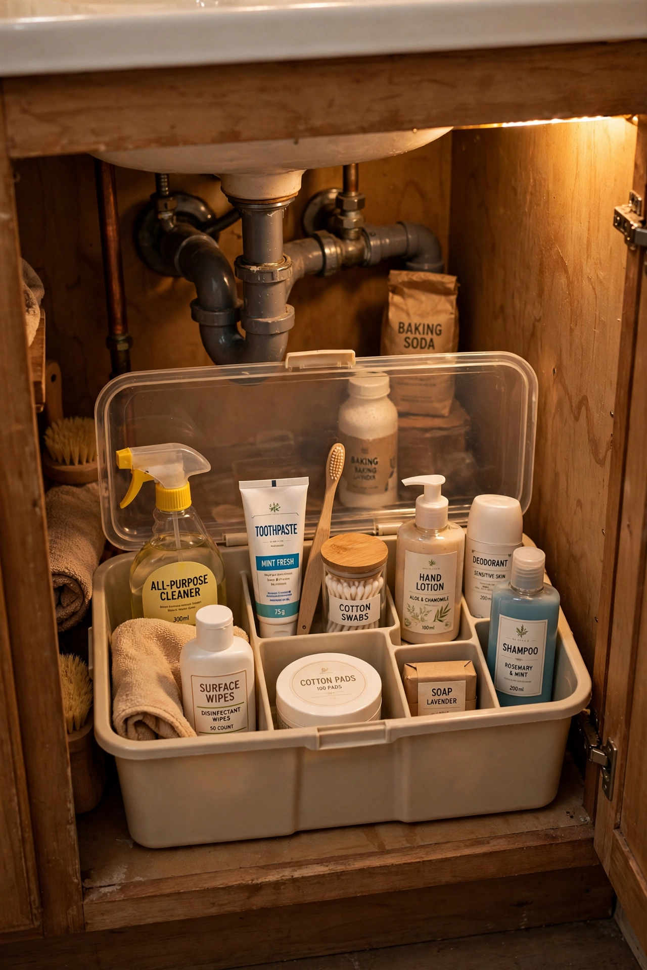 Lidded compartment caddy organising under-sink cupboard