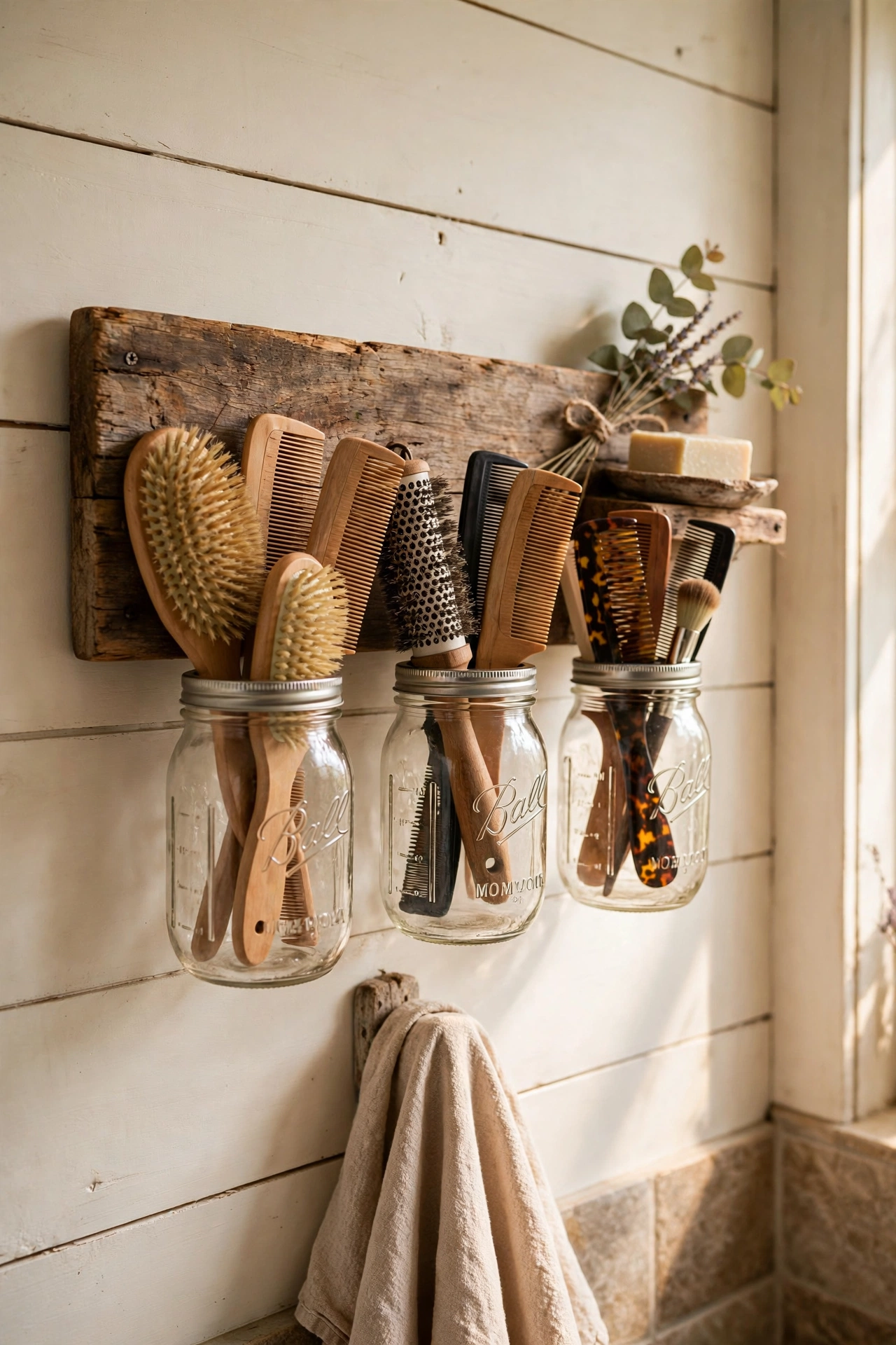 Mason jars twisted onto a wall-mounted board holding brushes