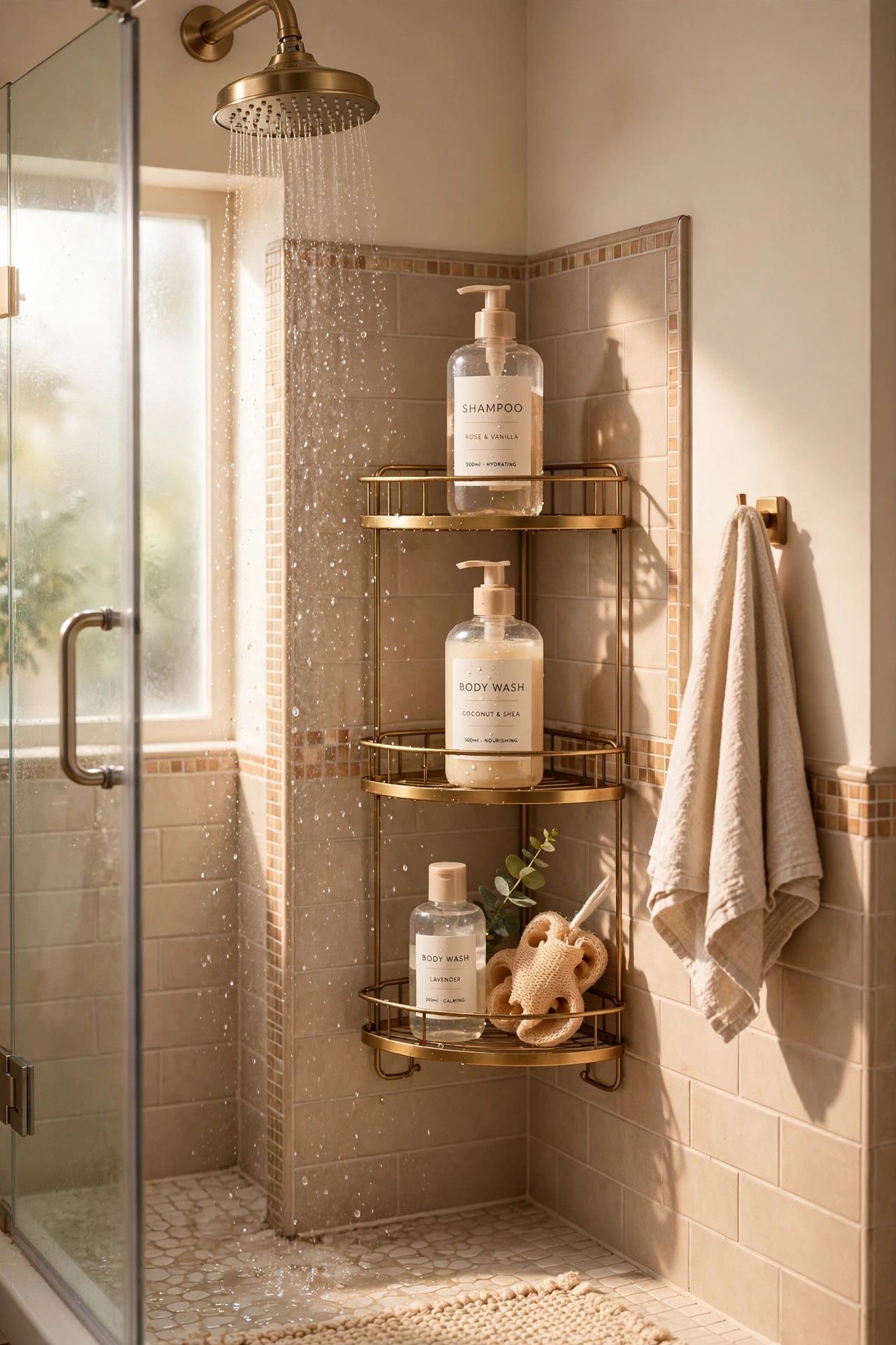 Tiered stand organising shower bottles in a corner