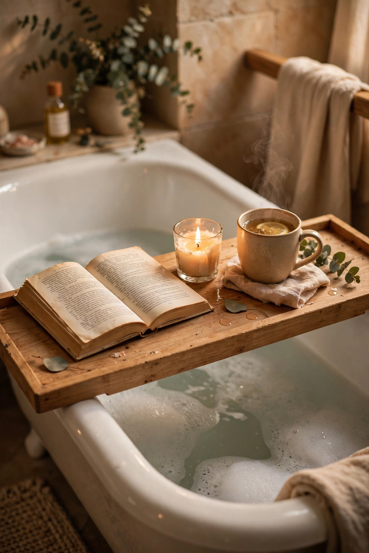 Wooden bath tray with book candle and tea across a tub