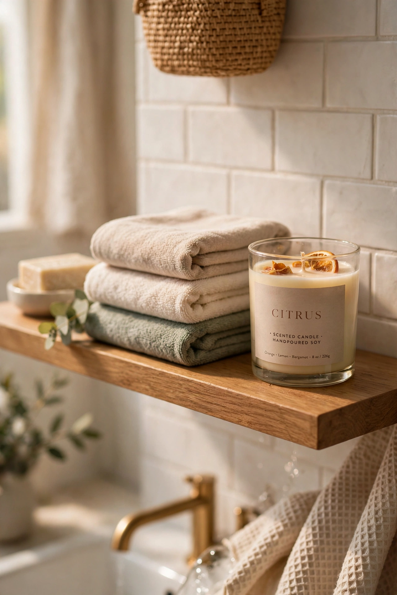 Fresh-scented candle on a bathroom shelf