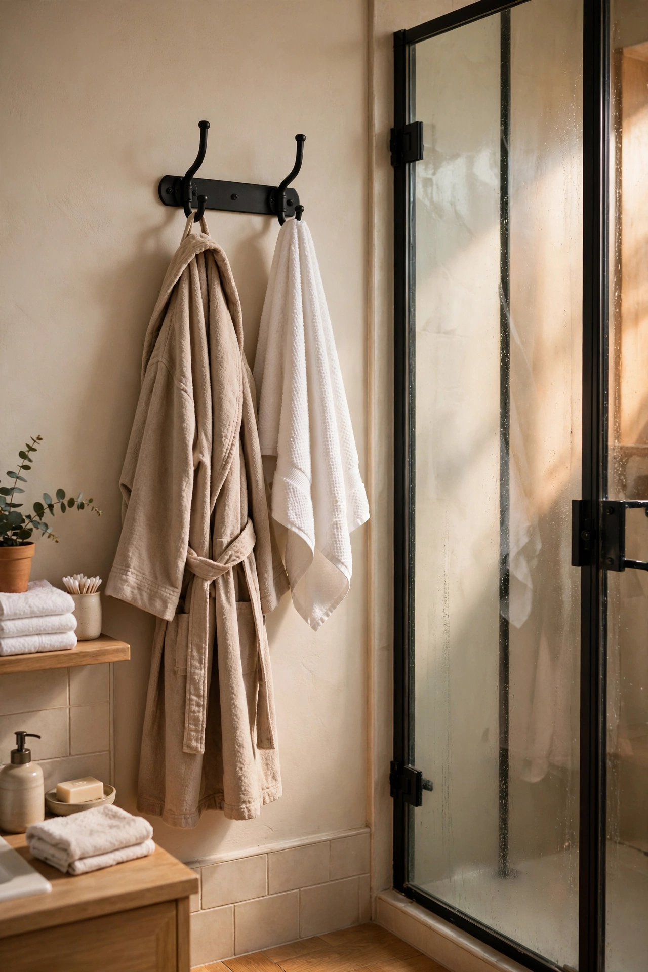 Sturdy double robe hook beside a shower door