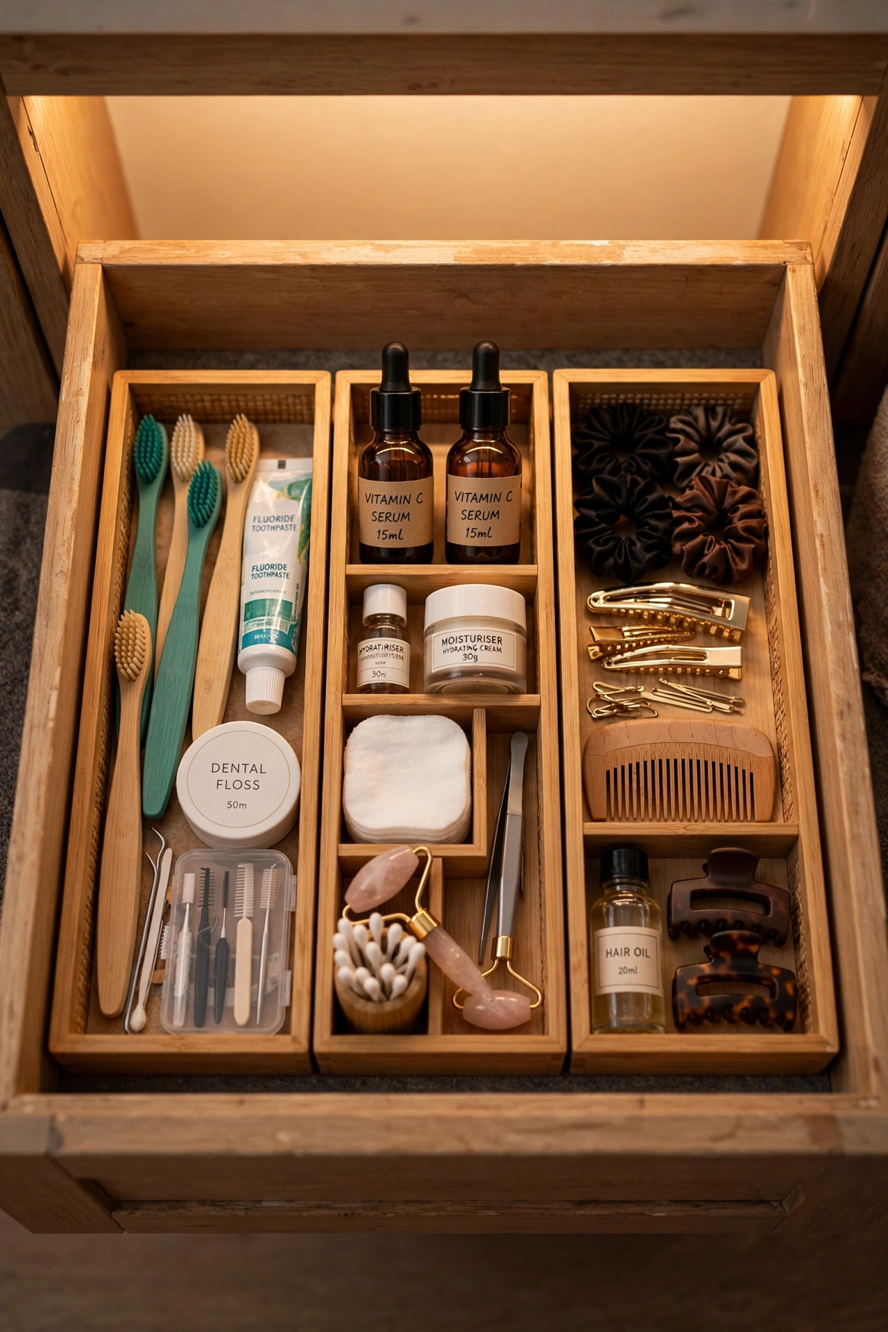 Vanity drawer with organiser trays sorting toiletries