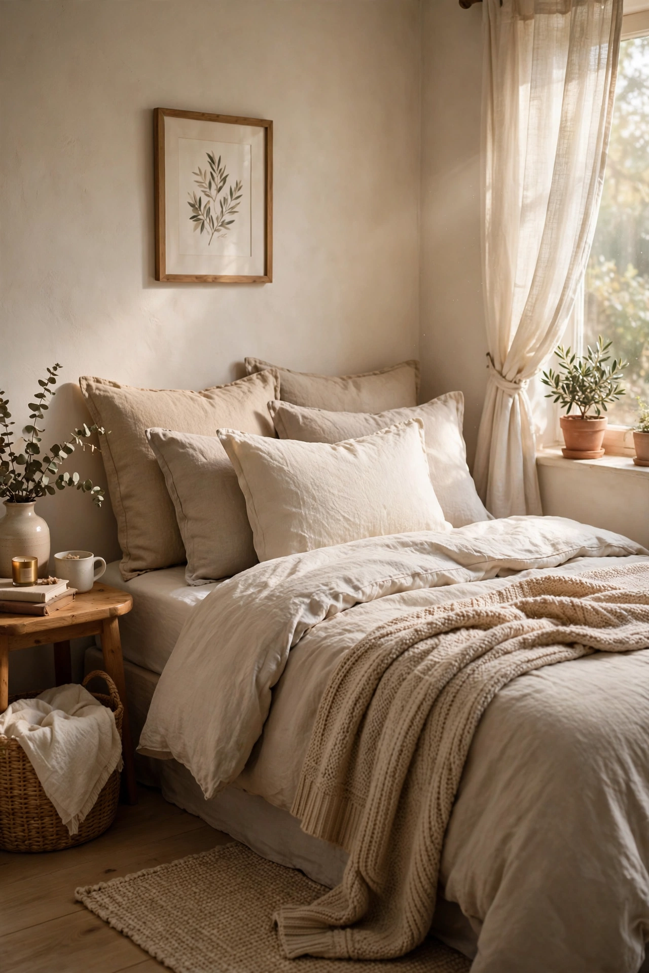Bed with fresh linen-look pillow covers in layered tones
