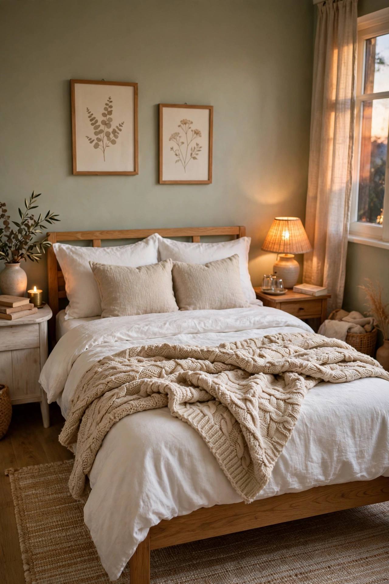 Knit throw folded across the foot of a bed