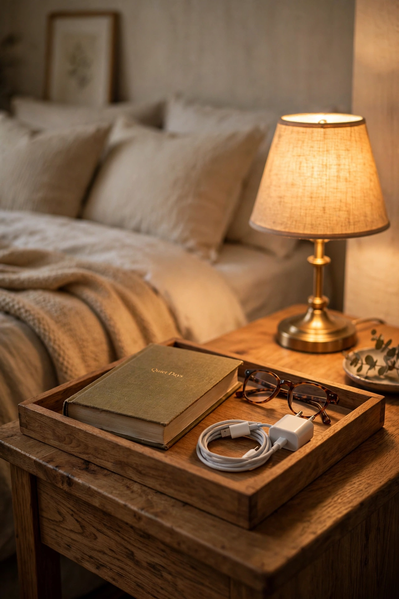 Bedside tray organising book glasses and charger on a nightstand