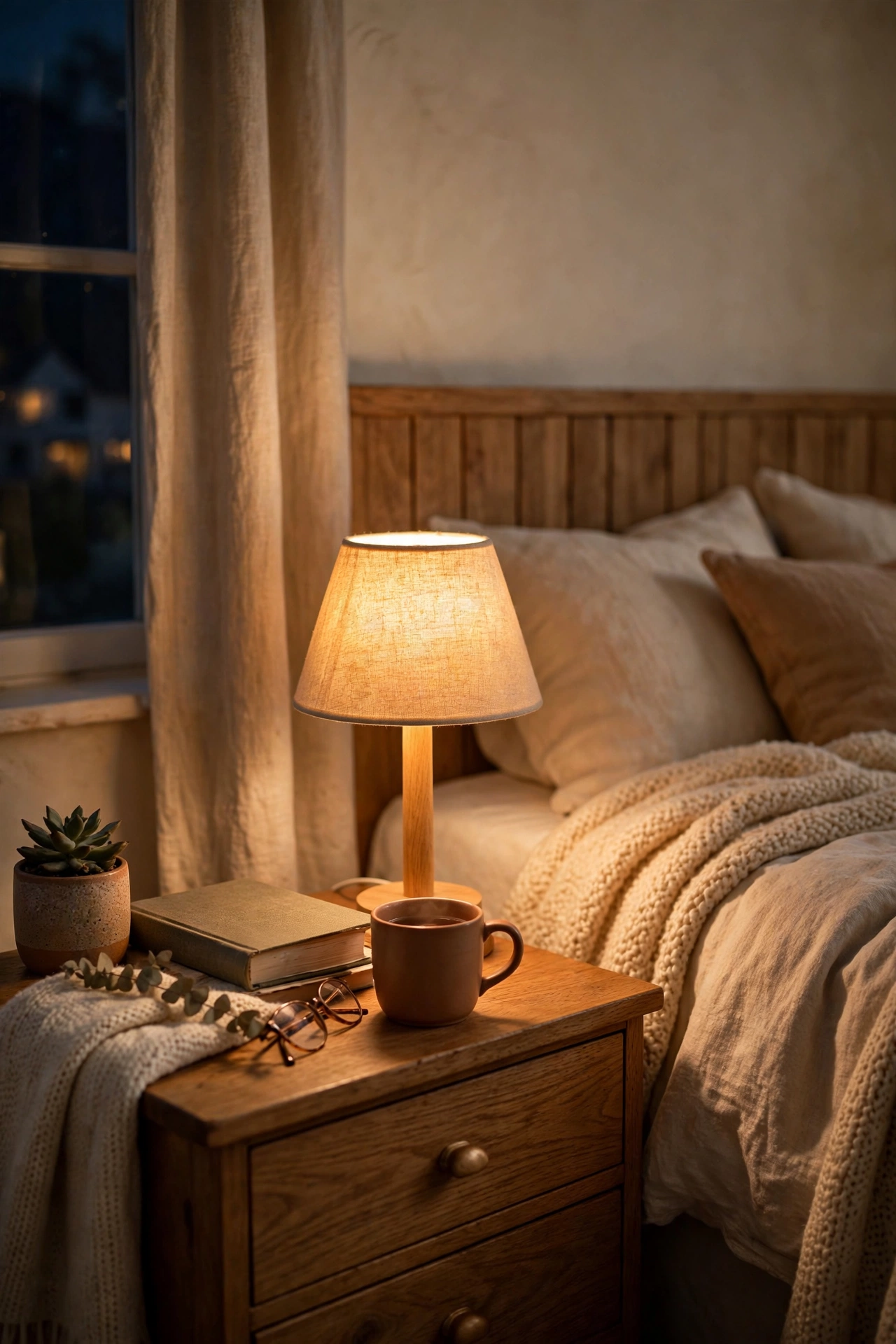 Small table lamp with warm bulb glowing on a nightstand