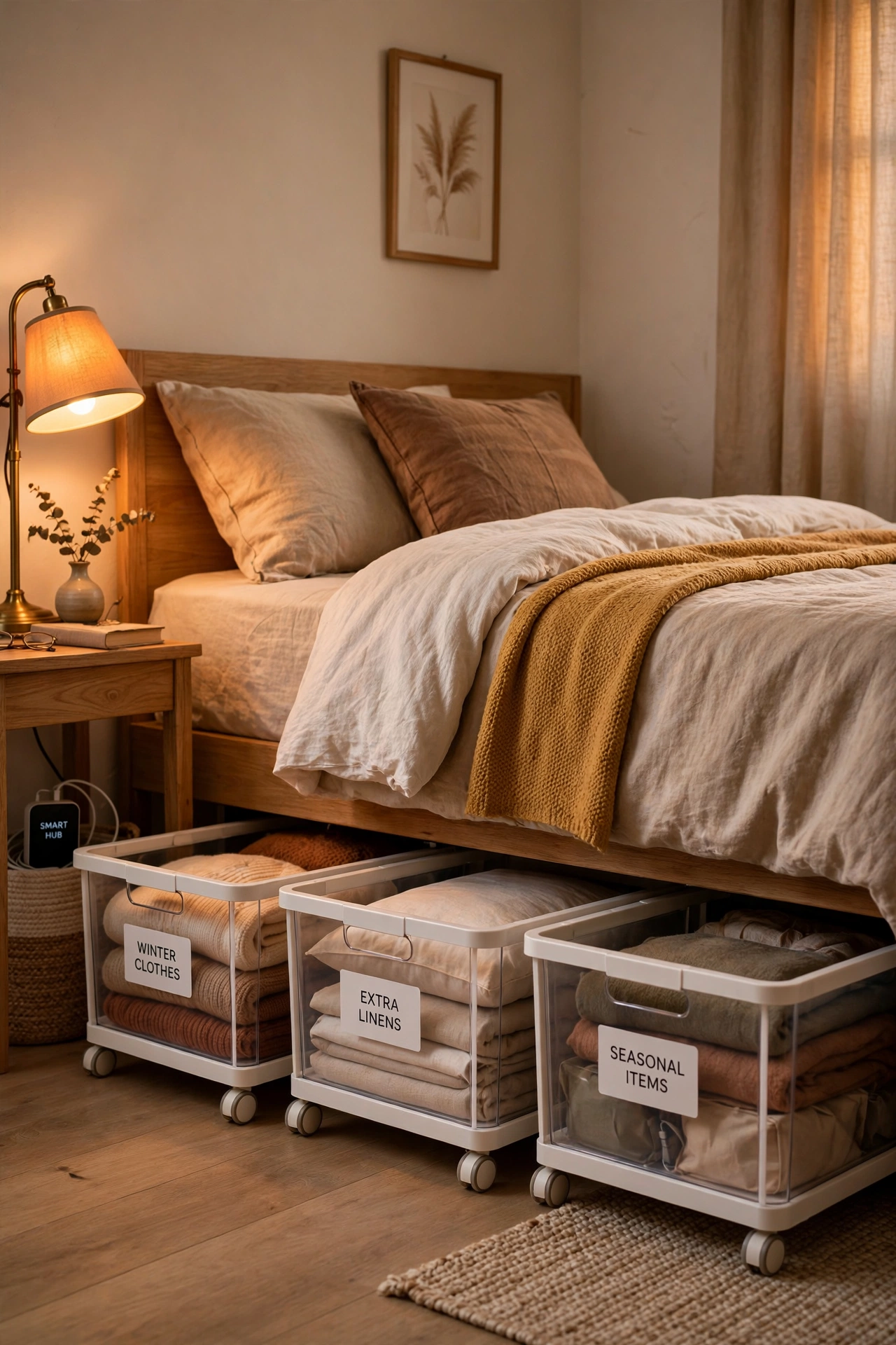 Flat wheeled storage bins sliding under a bed