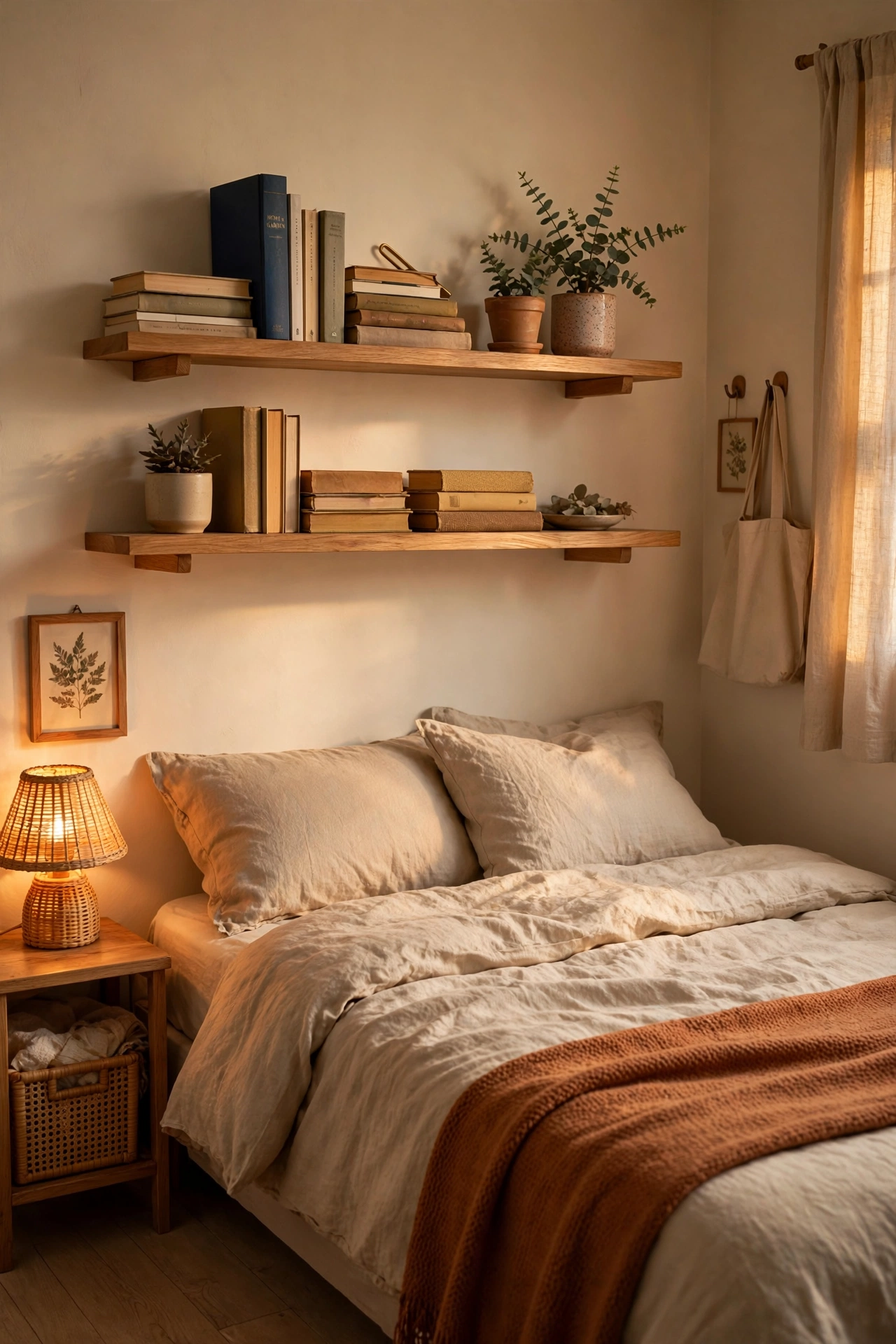 Floating shelves above a bed holding books and a plant