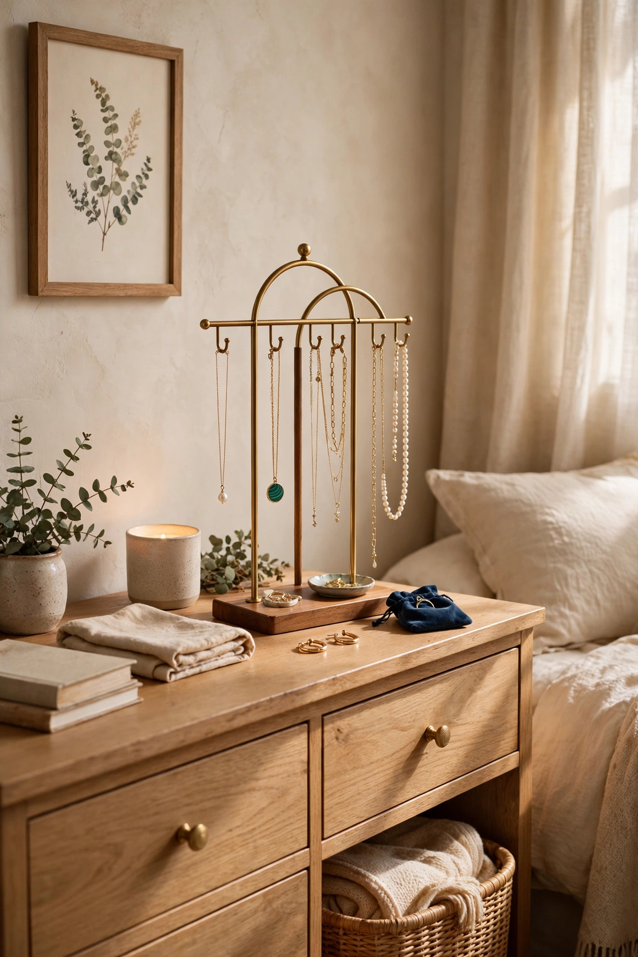 Jewellery stand with untangled necklaces on a dresser