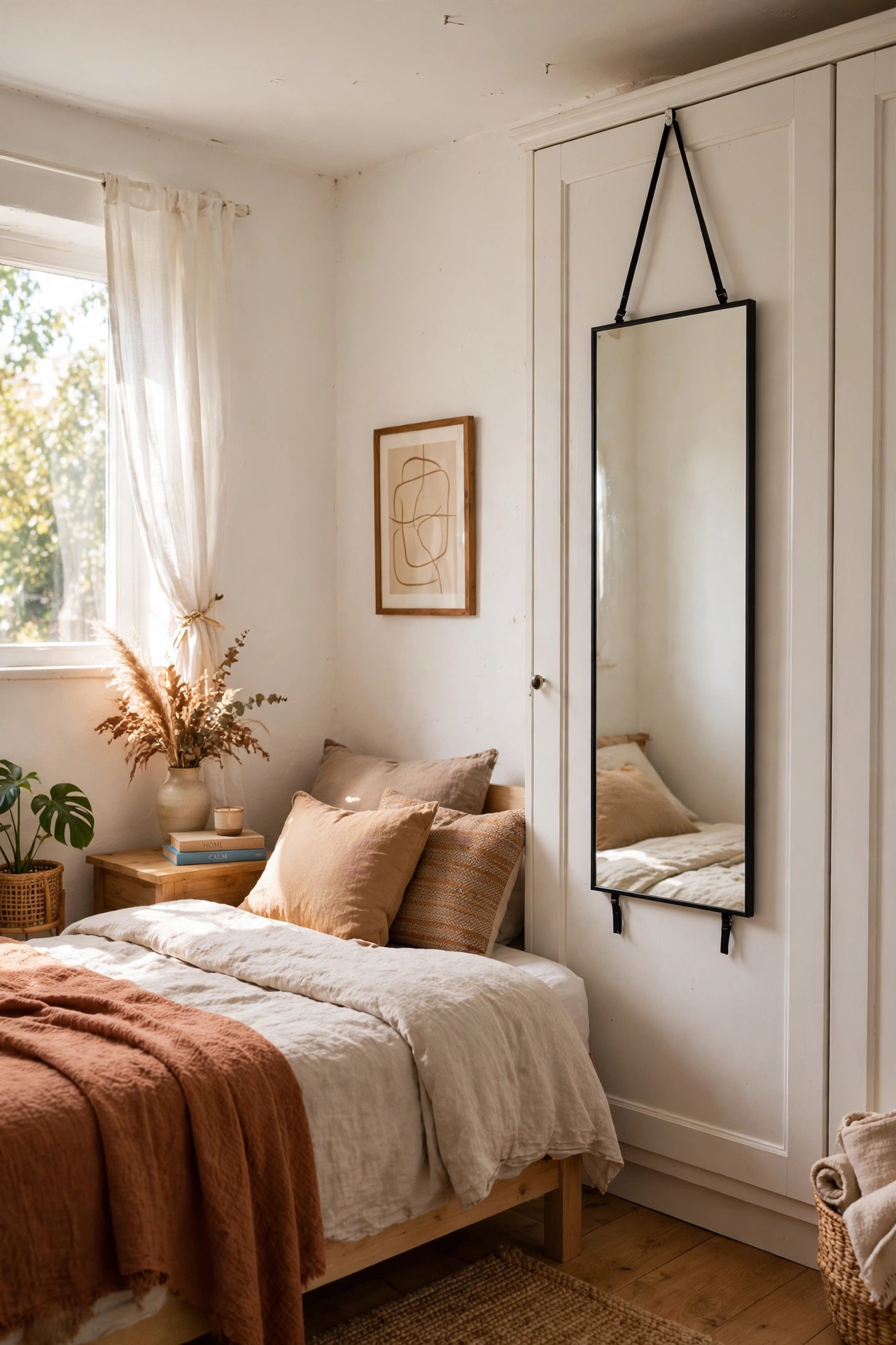 Full-length mirror hung on a wardrobe door