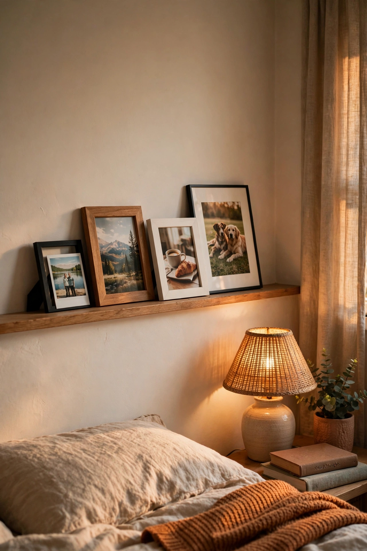 Picture ledge shelf with leaning photo frames