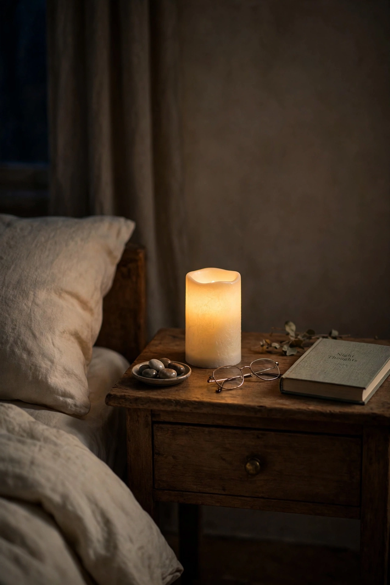Flameless flickering candle on a nightstand
