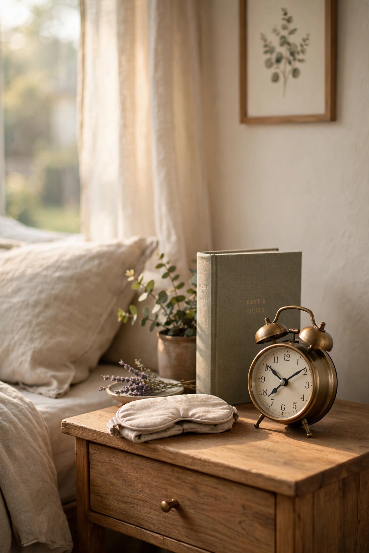 Small analogue alarm clock on a nightstand