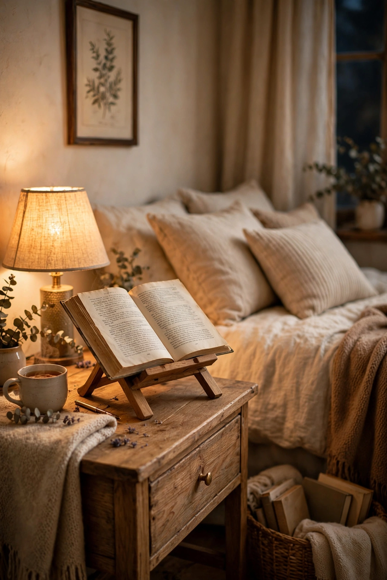Book resting open on a small stand on a nightstand