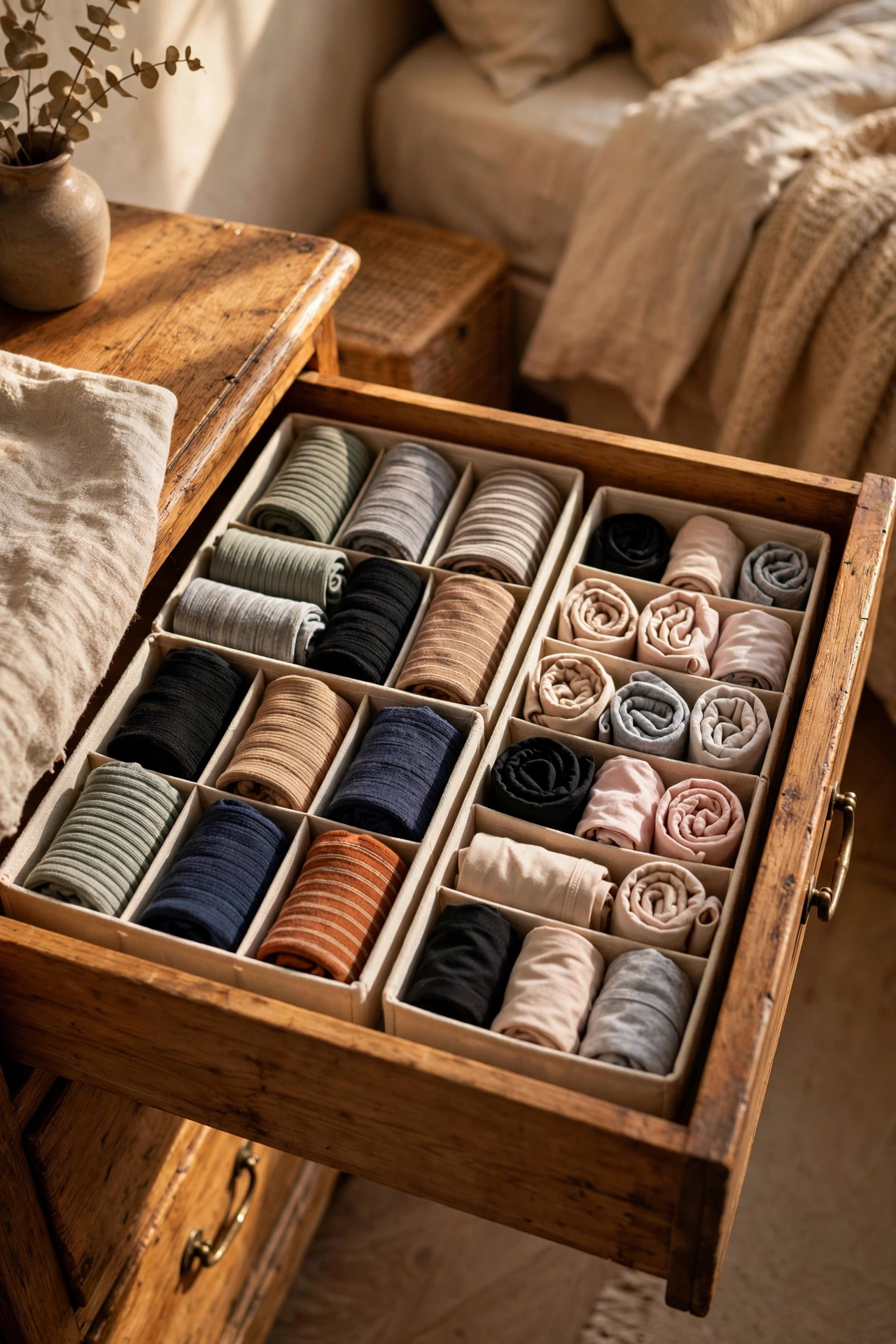 Dresser drawer with organiser trays sorting clothes
