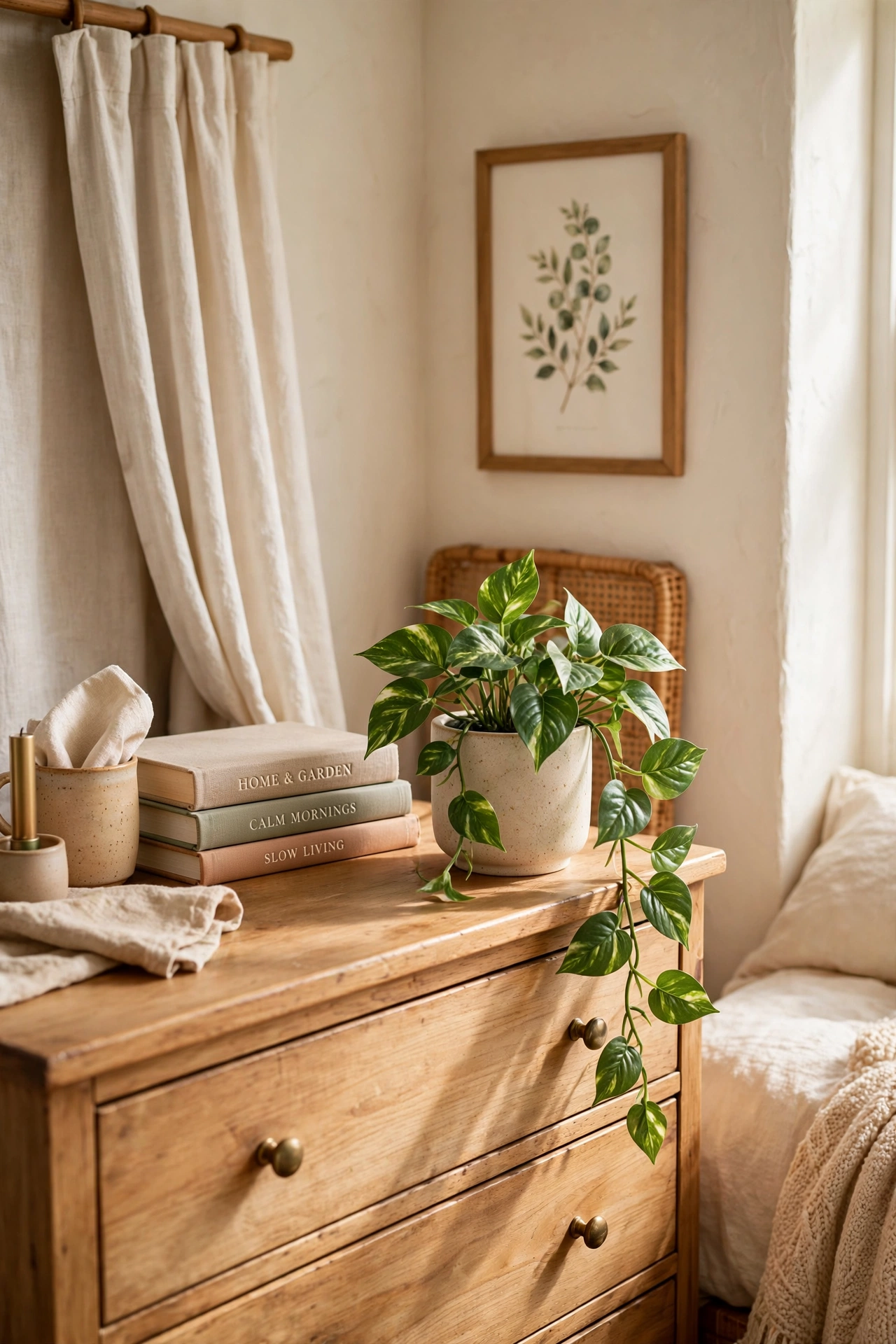 Small trailing faux plant on a bedroom dresser