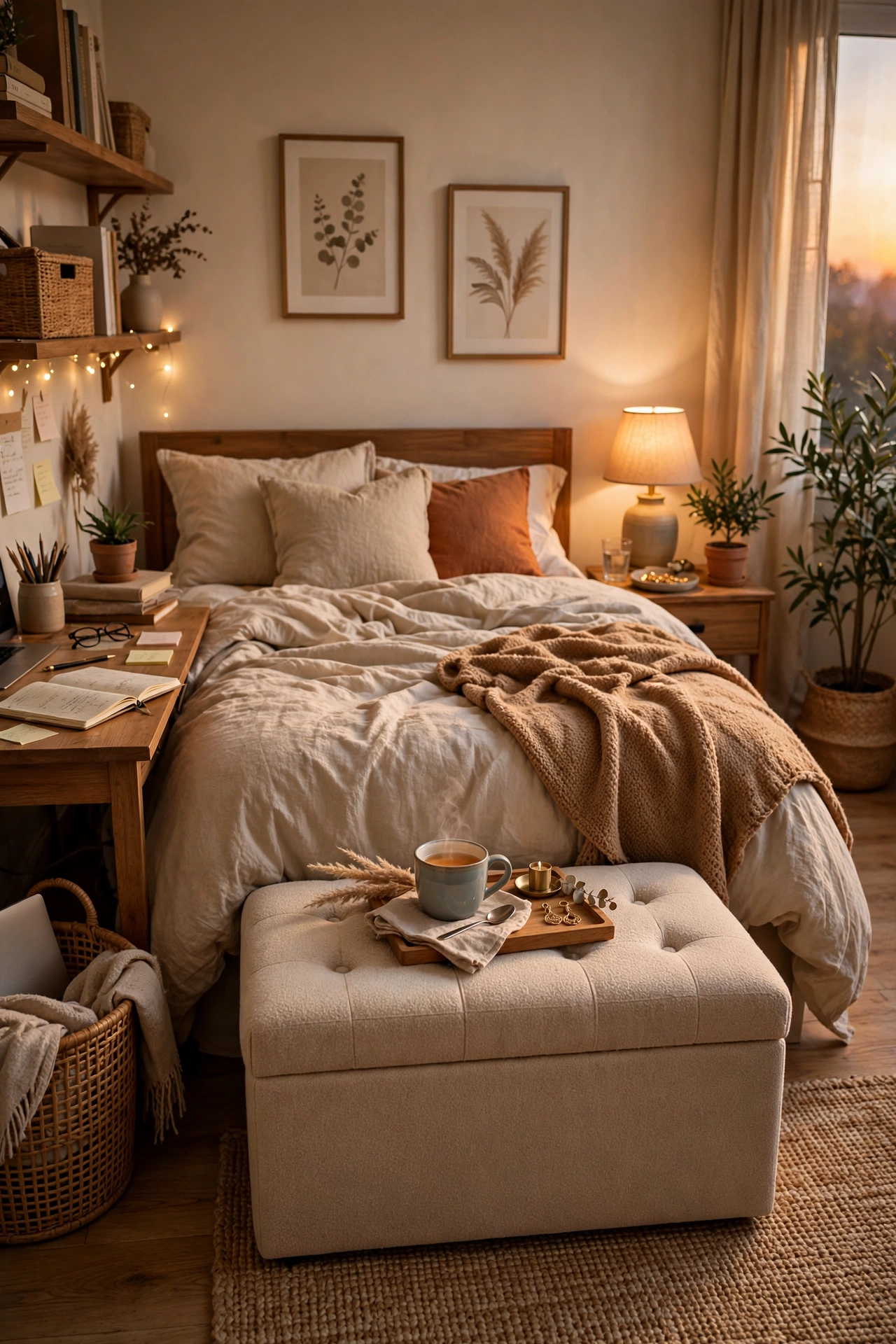 Storage ottoman at the foot of a bed with a tea tray