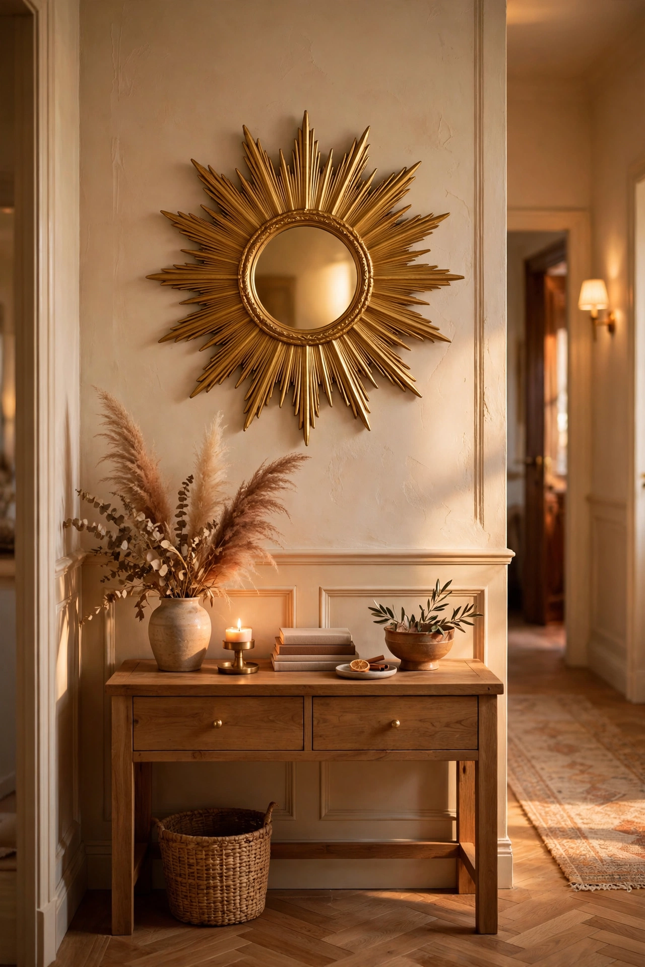 Gold sunburst mirror centred above a hallway console