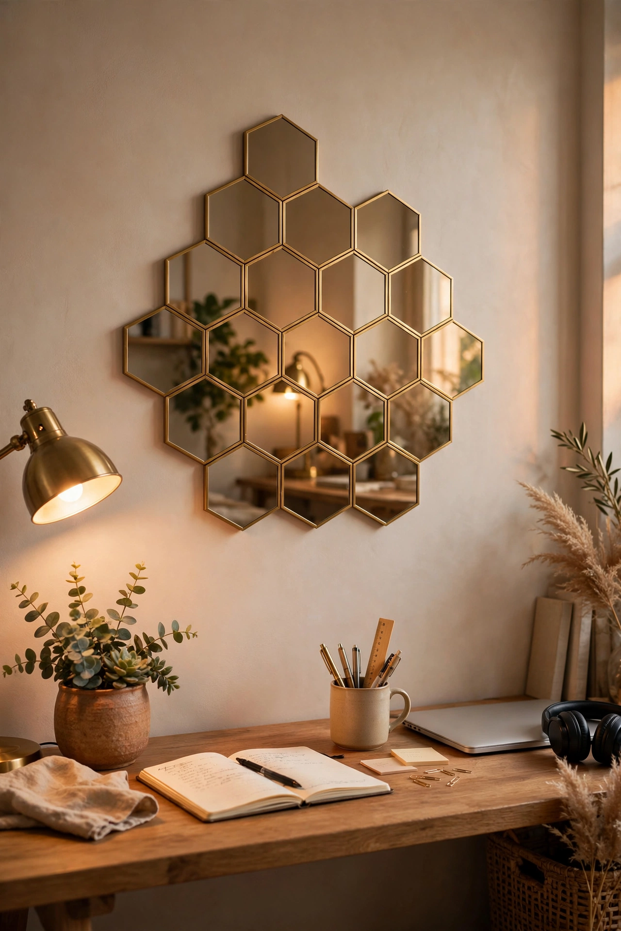 Honeycomb cluster of hexagon mirrors on a home office wall