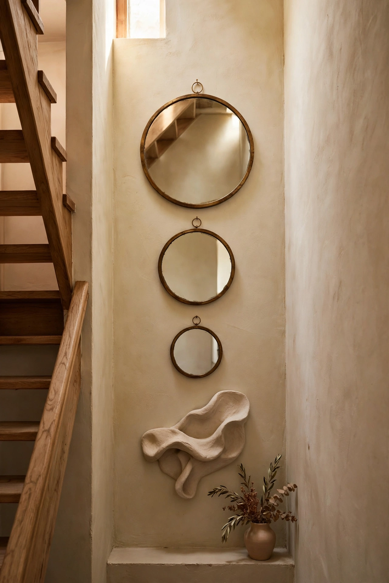 Three round mirrors of descending size in a vertical line on a stairwell